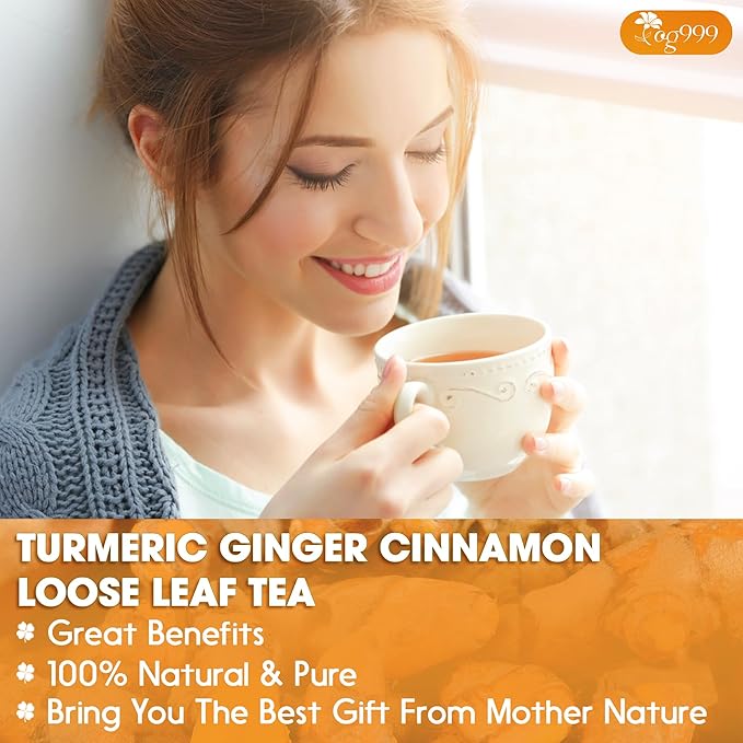 TOG999, Premium 12oz/200 cups Ginger Turmeric Cinnamon Loose Leaf Herbal Tea. Improve Digestion, Support Brain, Weight, Skin and Sleep. Premium Quality Spiced Blend. No Sugar, No Caffeine, No Gluten, Vegan.