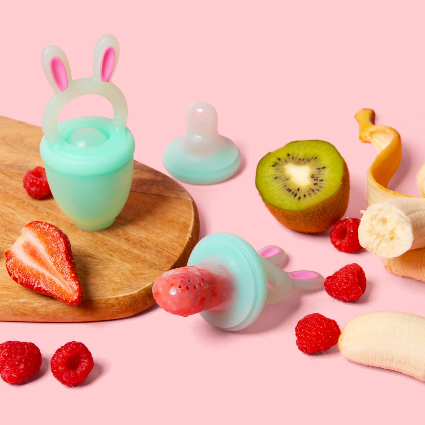 Vesta Baby Fresh + Frozen Food Feeder - 2 Sizes Soft Silicone Push Pop Fruit Nibbler for Safe Infant Self Feeding - Solid Foods Weaning & Teether Set - Bunny Teething Relief Toy for Babies 4M+