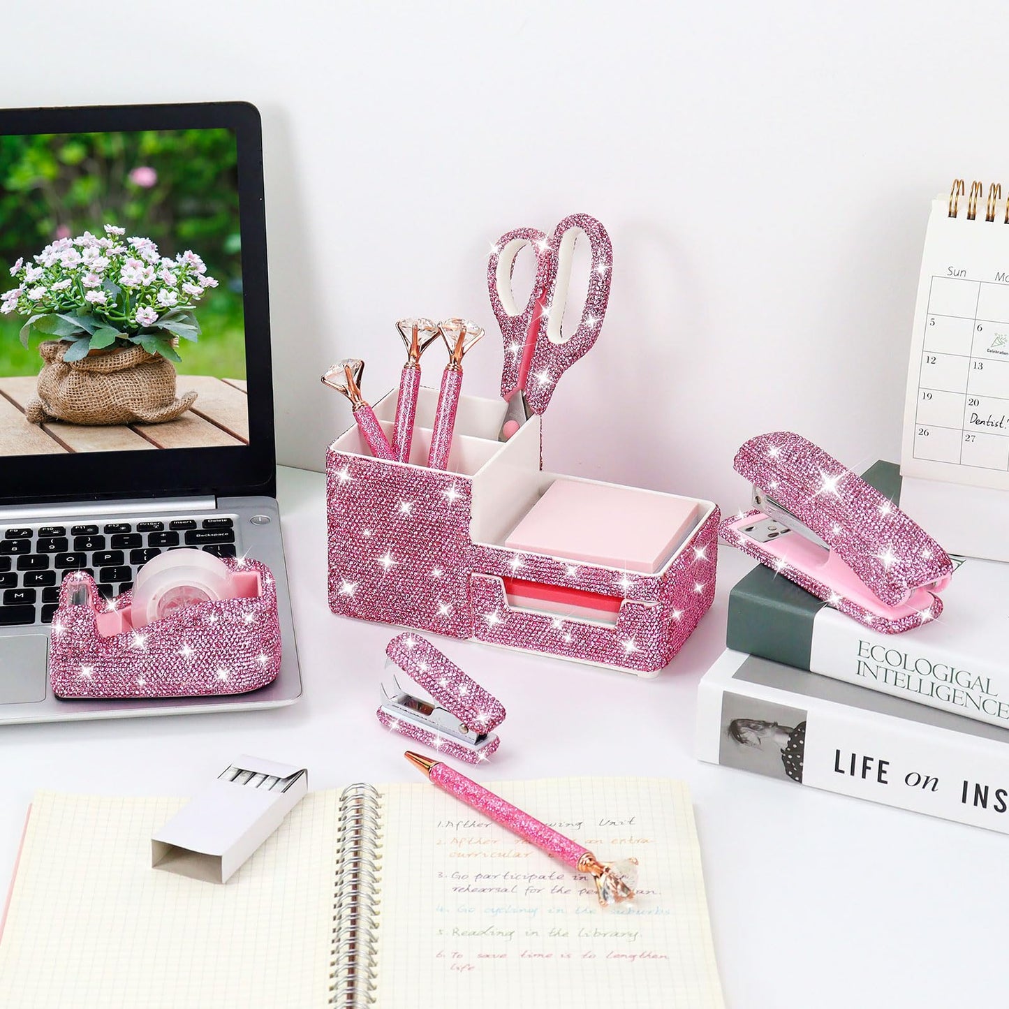 MultiBey 7 Pcs Pink Bling Rhinestone Desk Accessories Set, Crystal Office Stationery Kit with Stapler, Tape Dispenser, Scissors, Drawer Organizer - Glamorous Gift for Home School Office Supplies