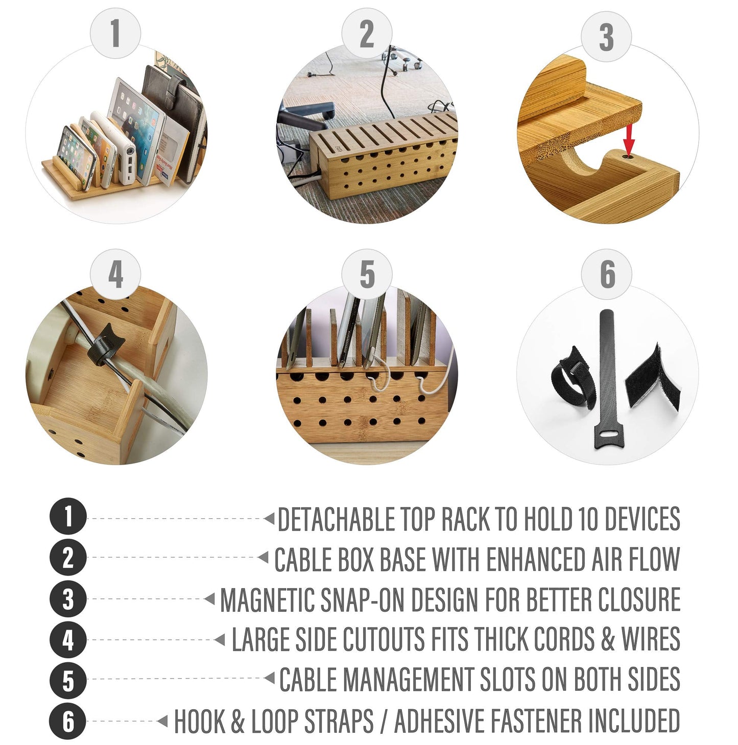 Prosumer's Choice Multi Device Charging Station - Bamboo Charging Dock and Cord Organizer for 10 Devices - Bamboo Desk Organizer Rack with Cable Box for Power Strip Storage, Phones and Tablets