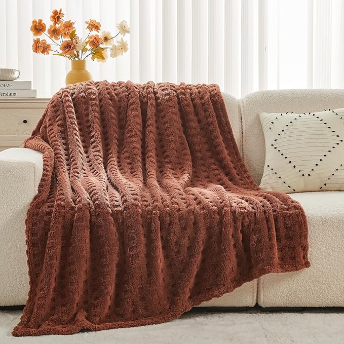 NEWCOSPLAY Super Soft Throw Blanket Coffee Premium Silky Flannel Fleece 3D Waffle Checkered Lightweight Bed Blanket All Season Use (Coffee, Throw(50"x70"))