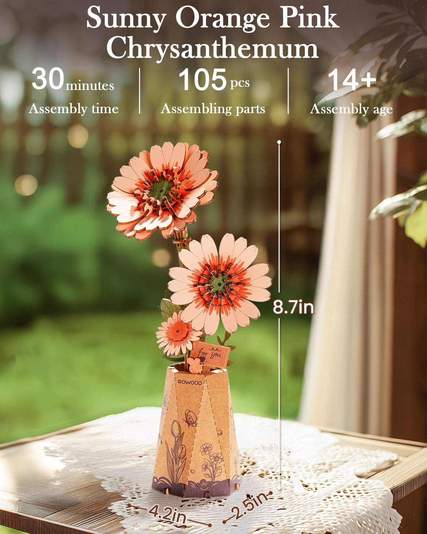 rowood 3D Puzzles for Adults,Mother's Day DIY Wooden Flower Building Set Craft Kits,Botanical Collection Home Decor, Teacher's Day/Christmas/Birthday Gift- Orange Gerbera Daisy