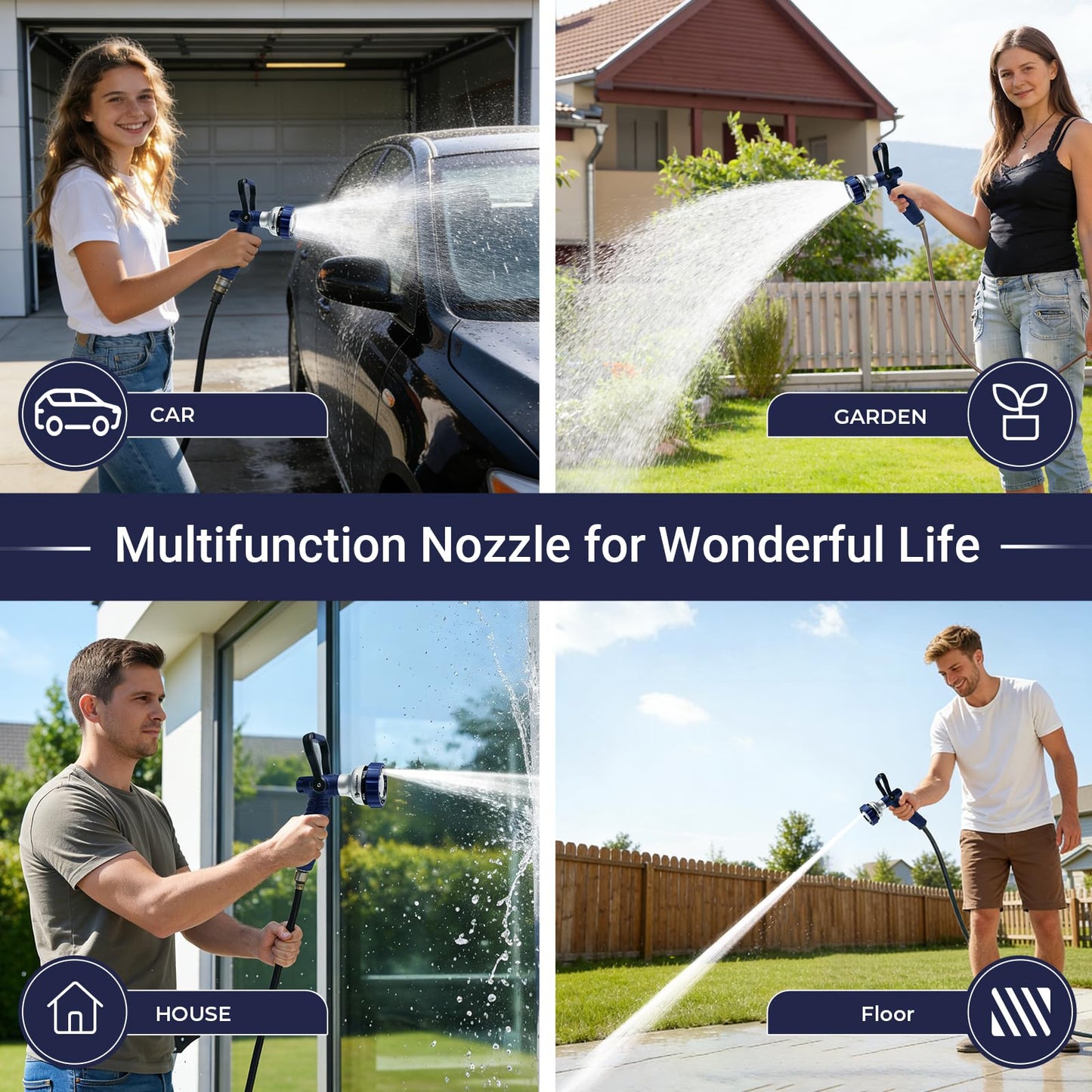 HugeDawn Garden Hose Nozzle, 6 Spray Patterns Heavy Duty Metal Water Nozzle with High Pressure for Watering, Cleaning, Washing (Blue)