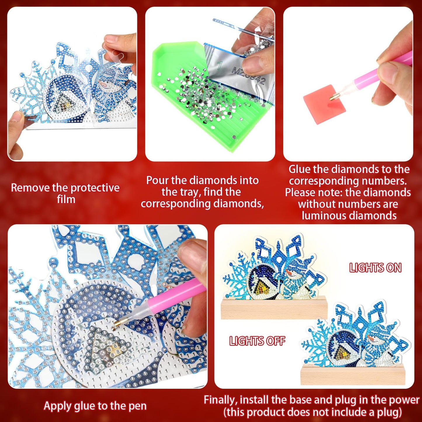 Chunful 13 Pcs Seasonal Diamond Art Tabletop Interchangeable Holiday Diamond Art Painting Kit with Wooden Light Base for 4th of July Summer Table Tiered Tray Home Office Tabletop Centerpiece Decor