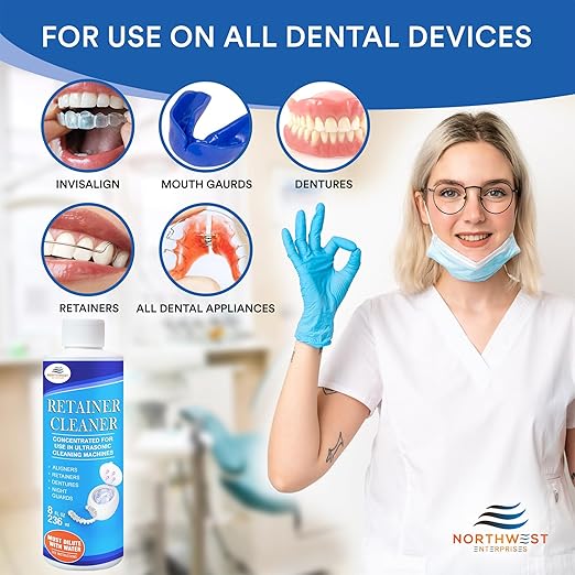 NORTHWEST ENTERPRISES Ultrasonic Retainer Cleaner Solution Concentrate for Ultrasonic Machines - Cleans Mouthguards, Invisalign & Nightguards - Odor, Stain & Discoloration Remover (8 oz)