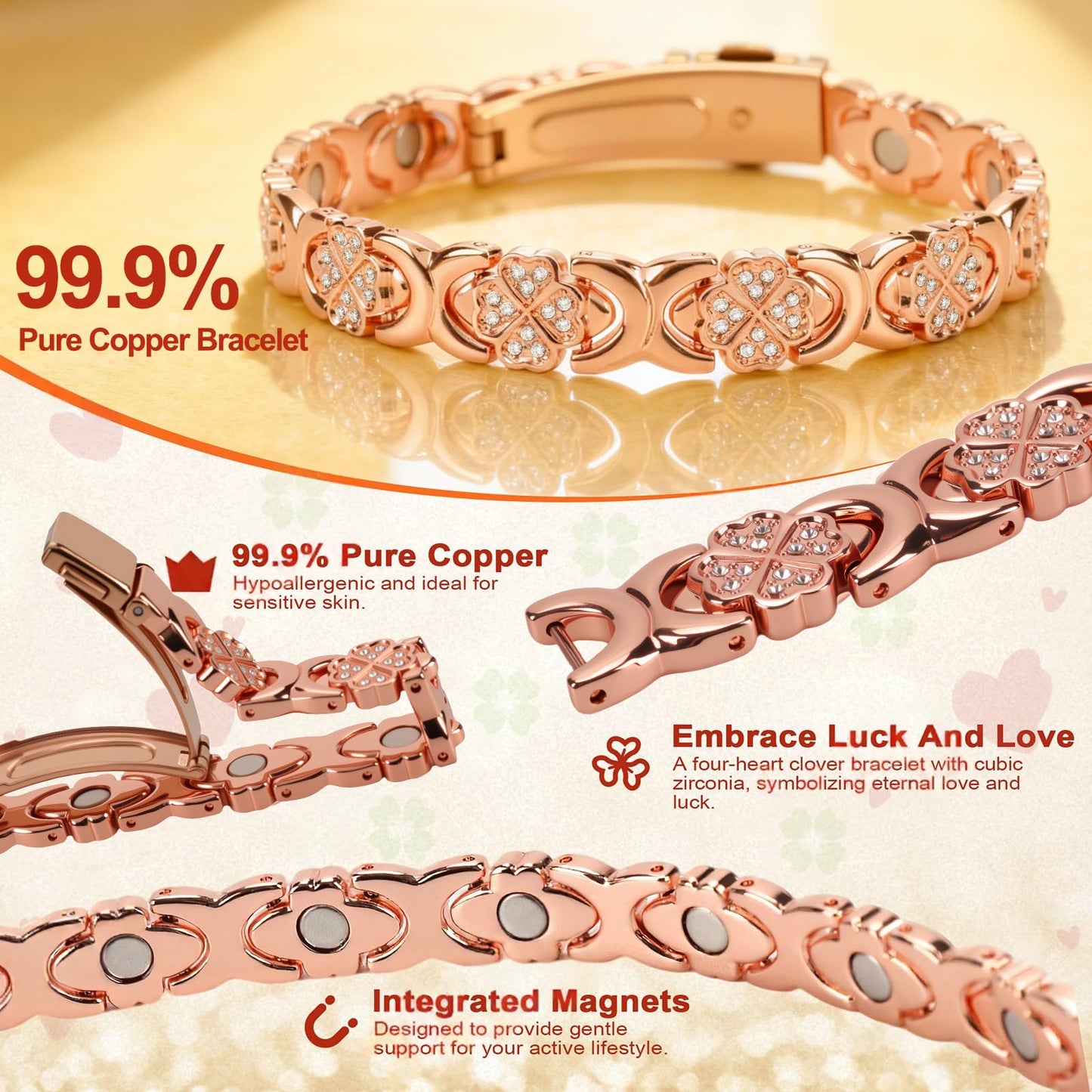 vapeples Copper Bracelets for Women, 3800 Gauss, 99% Pure Copper Magnetic Bracelet, Adjustable Sizing, Four-Leaf Clover Women's Bracelets with Sparkling Cubic Zirconia, Gift Packaging