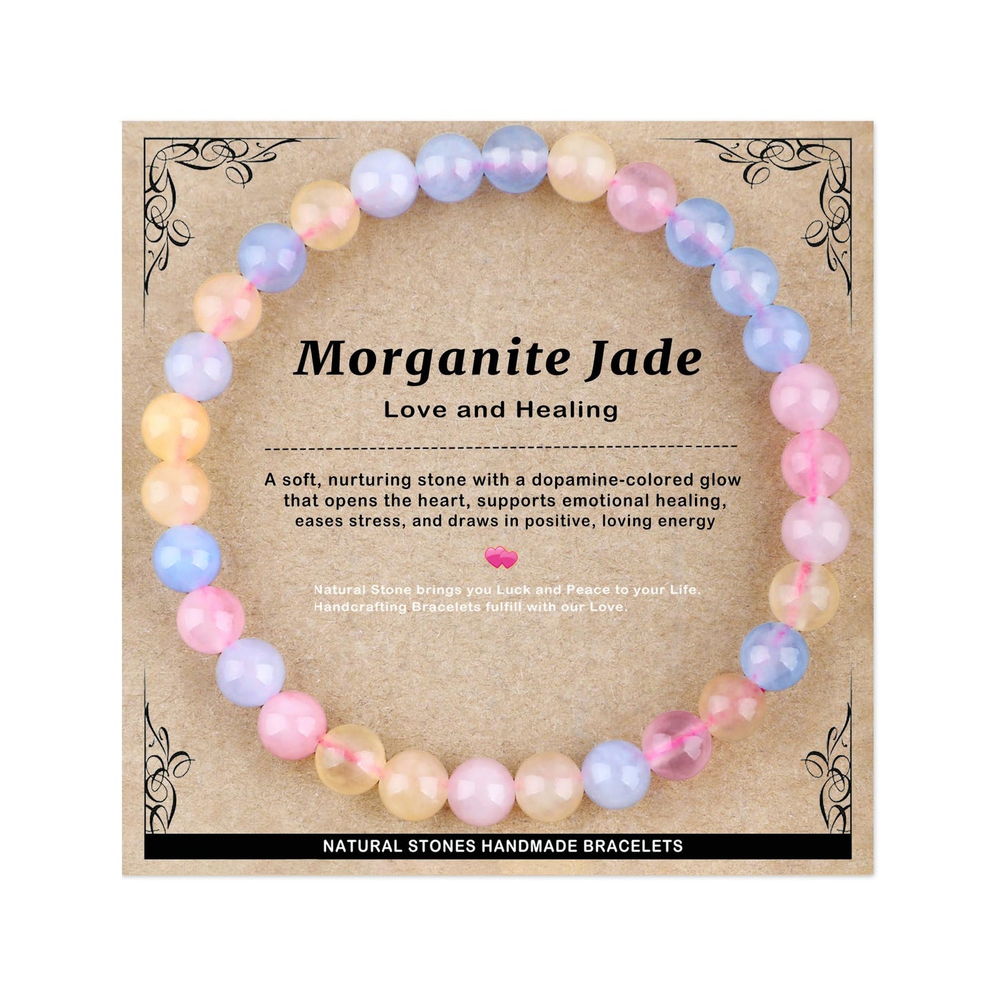 AD Beads 6mm Handmade Morganite Jade Elastic Bracelet – Natural Gemstone for Joy & Positivity – Meditation, Yoga, Healing and Energy Gift for Men Women