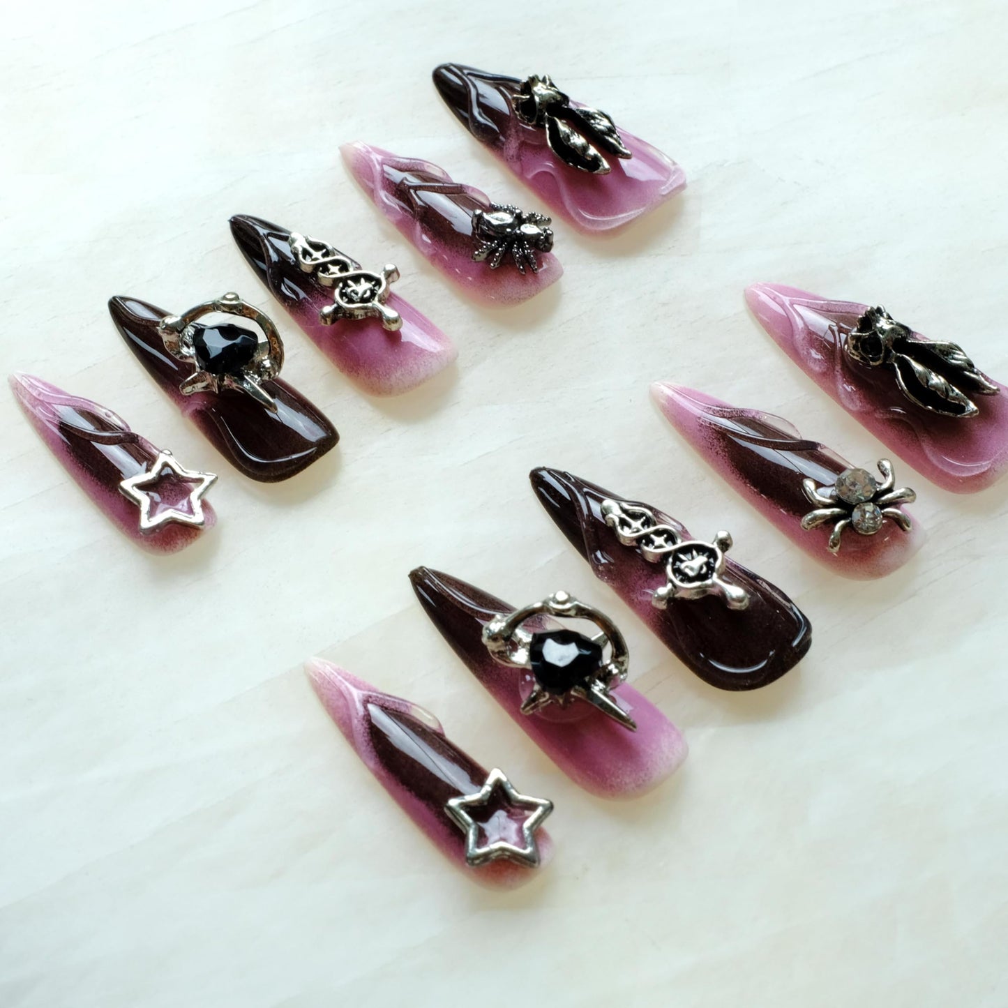GLORS Gothic Press-On Nails, Pink to Black Ombre, Stiletto Shape with 3D Halloween Charms, Handmade False Nail 10 Pieces (Small, LS)