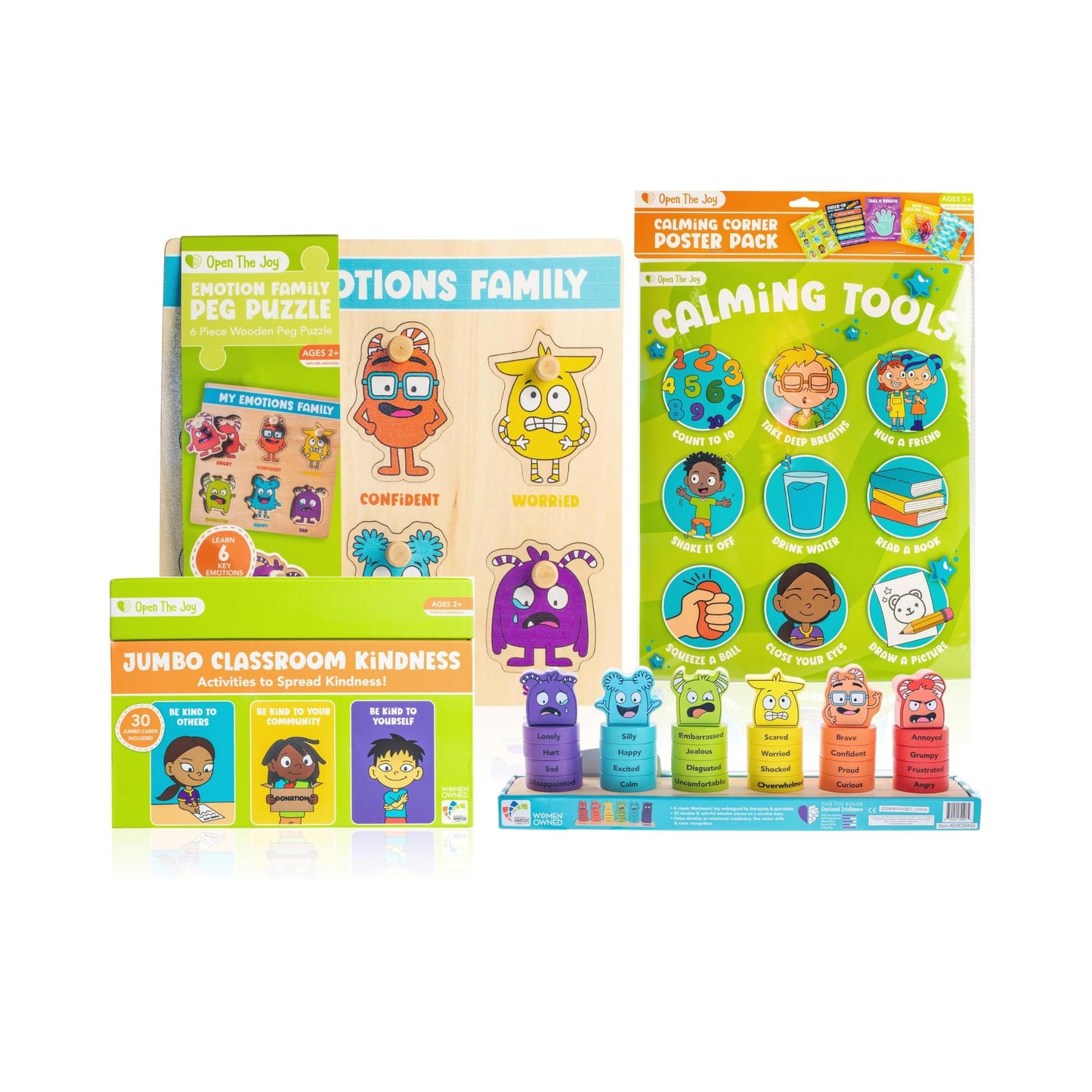 Open The Joy Discovery Toolkit Bundle - Version 2 | Calming Corner Poster Pack, Emotions Stacking Rings, Jumbo Kindness Mission Cards, My Emotions Family Peg Puzzle