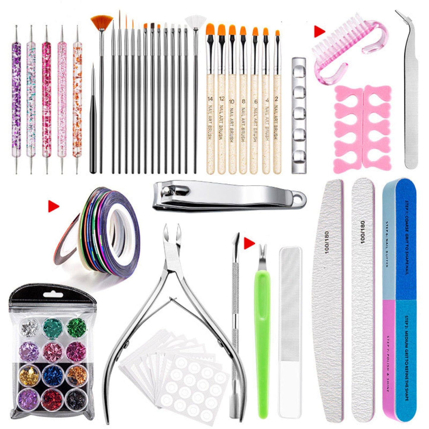 UNI-RHYTHM Nail Art Tools Kit, 8kinds of nail art brush Set with Hand Tools and Accessories for Manicure, 36pcs in total(RHYTHM-0024C)