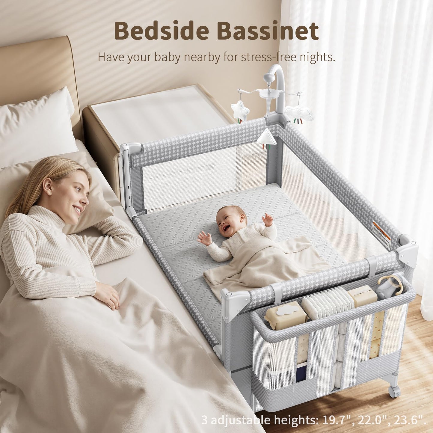 GAIVE 4 in 1 Baby Bassinet, One-Push Setup Pack and Play, Bedside Crib Sleeper with 3 Height Adjustable，Diaper Changer, Come with Comfy Mattress, Rotating Toy Bar, from Infants to Toddlers (Grey)