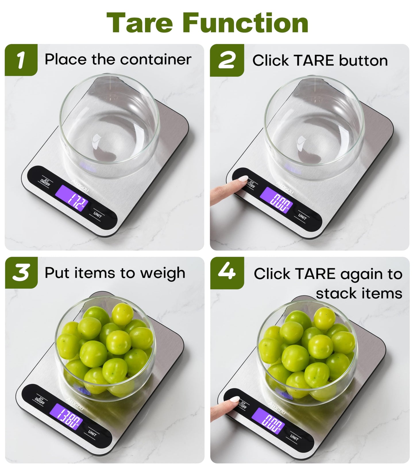 Atogou Food Scale, 33lb/ 15kg Digital Kitchen Scale with Full View LCD Display, Durable Stainless Steel Surface, for Cooking, Baking, Meal Prep Black