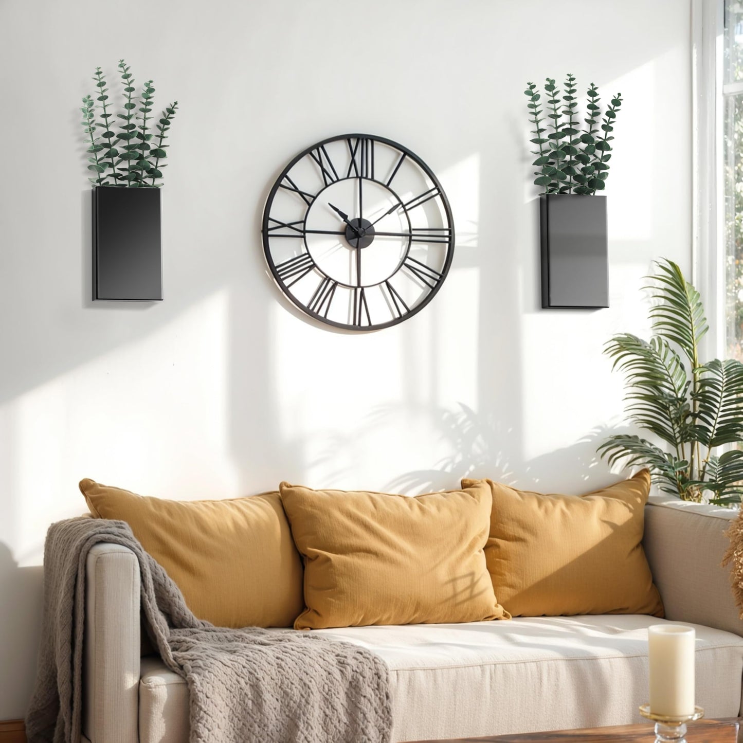 2 Pack Metal Wall Planter Vases Decor with Artificial Eucalyptus, Modern Farmhouse Rustic Hanging Pocket Planters for Indoor Greenery and Flowers, Living Room Bedroom Kitchen Decoration, Black