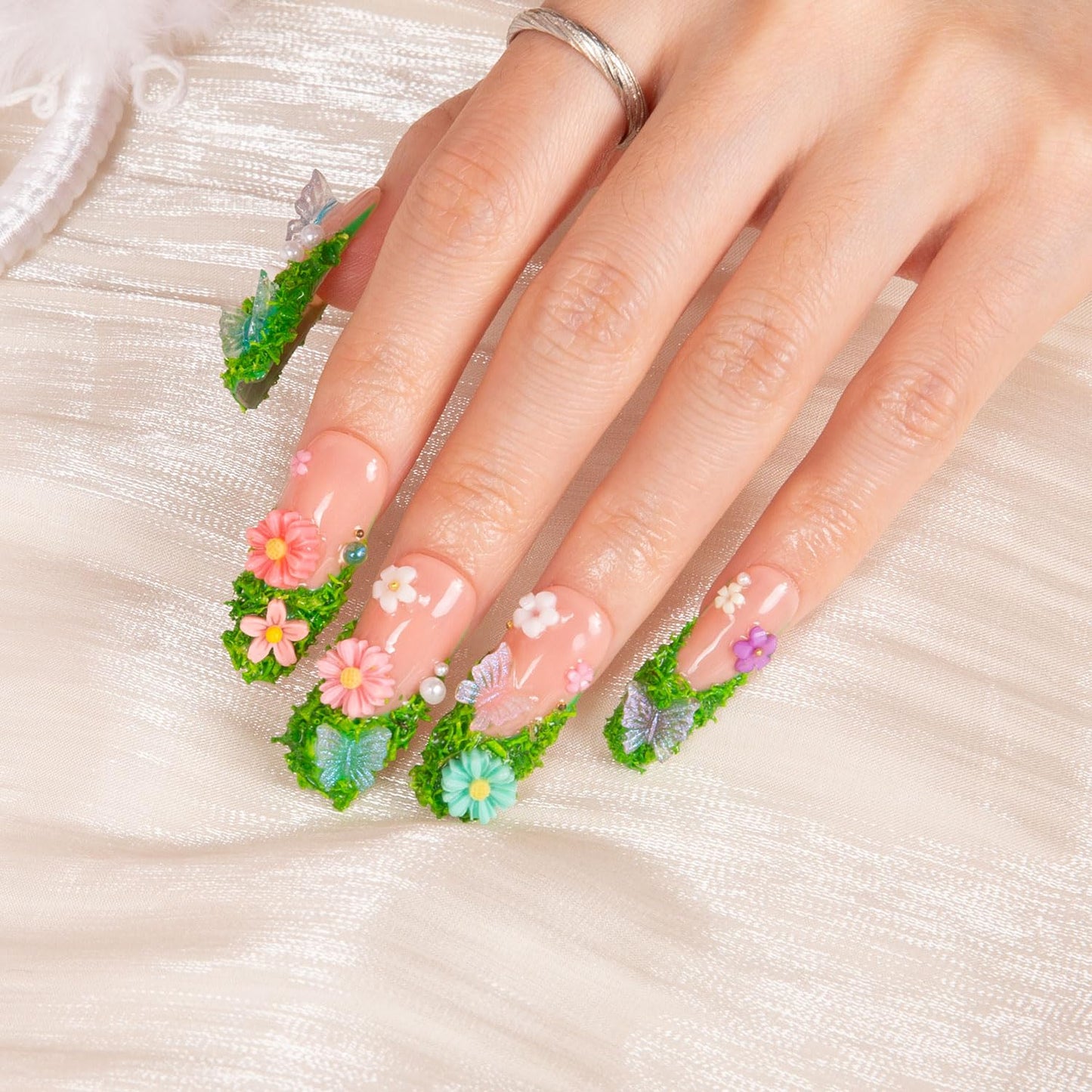 LOVFUL Press on Nails Fairy Tale Garden | Handmade with Full Covered Crystals | Reusable Full Cover Nails | Coffin Classic Regular 1.3 in | H151-L