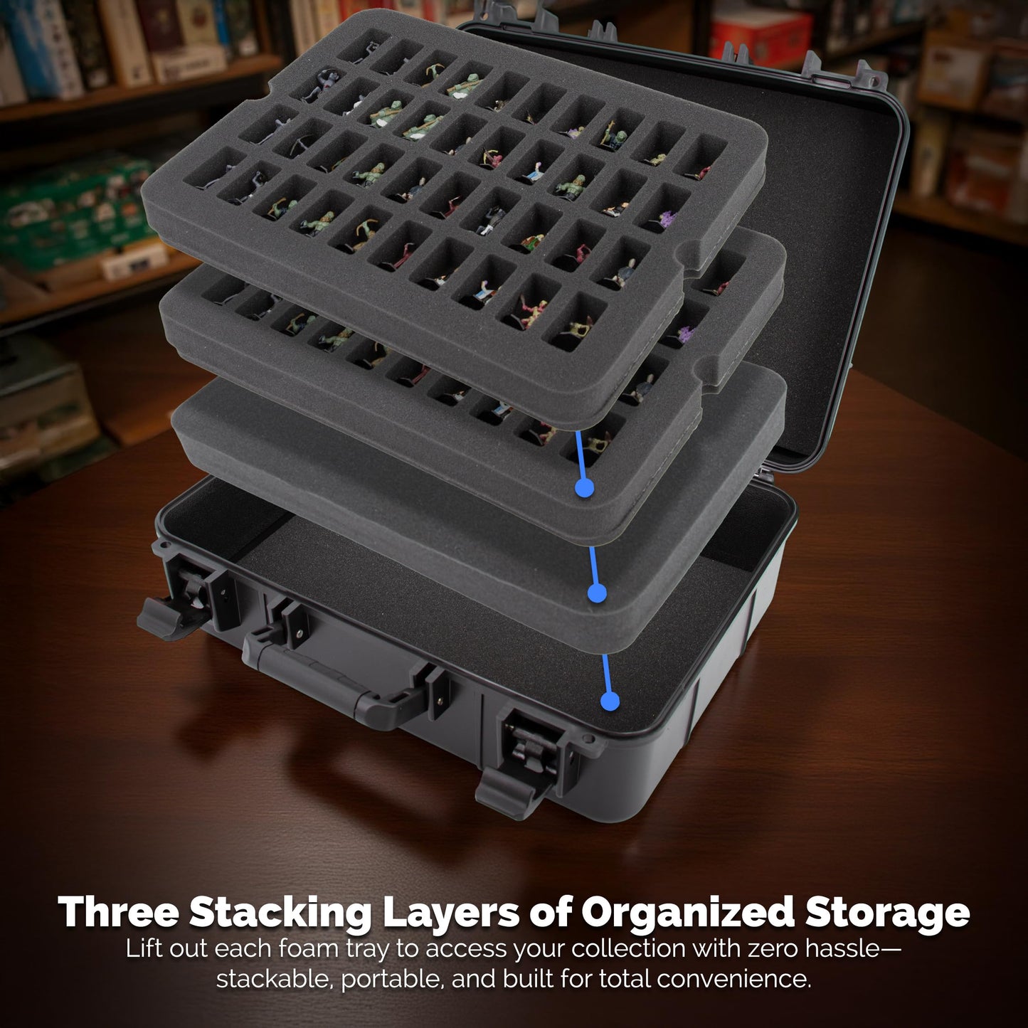 CASEMATIX Hard Shell Miniature Carrying Case - 80 Slot Figurine Miniature Storage Case with Customizable Foam Layer for Large Miniatures Compatible with Warhammer 40k, DnD & More!