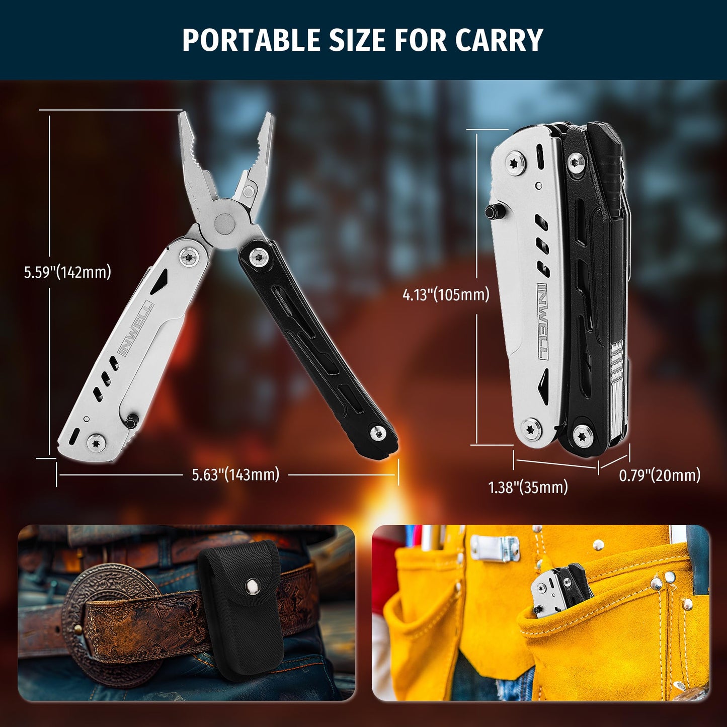 INWELL 12-in-1 Multitool Pliers with Safety Lock, Fire Starter & Whistle, Stainless Steel Pocket Knife, Camping Multitool with Detachable Scissors for Outdoor Survival, EDC Gear