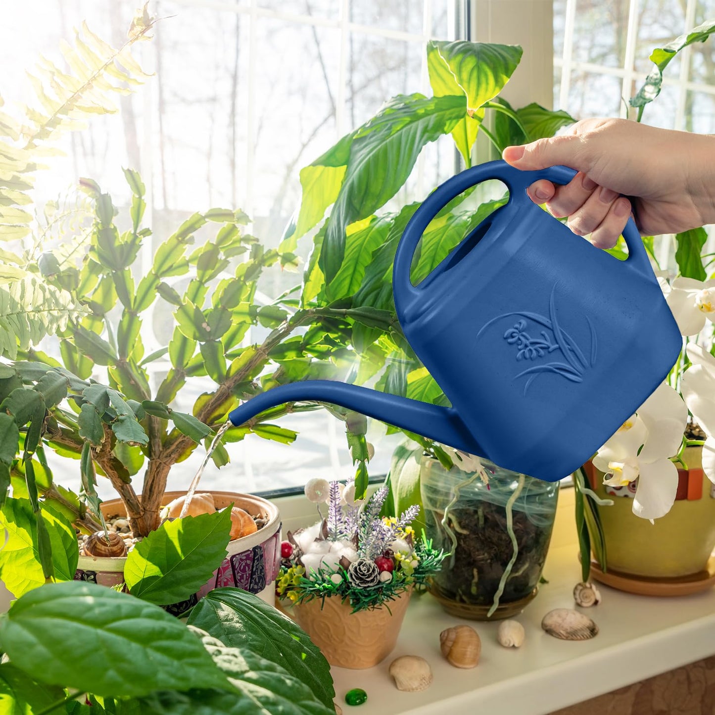 ZXJ Plant Watering Can - for Indoor and Outdoor Home Garden Plants - with Long Spout - Blue - 1/2 Gallon