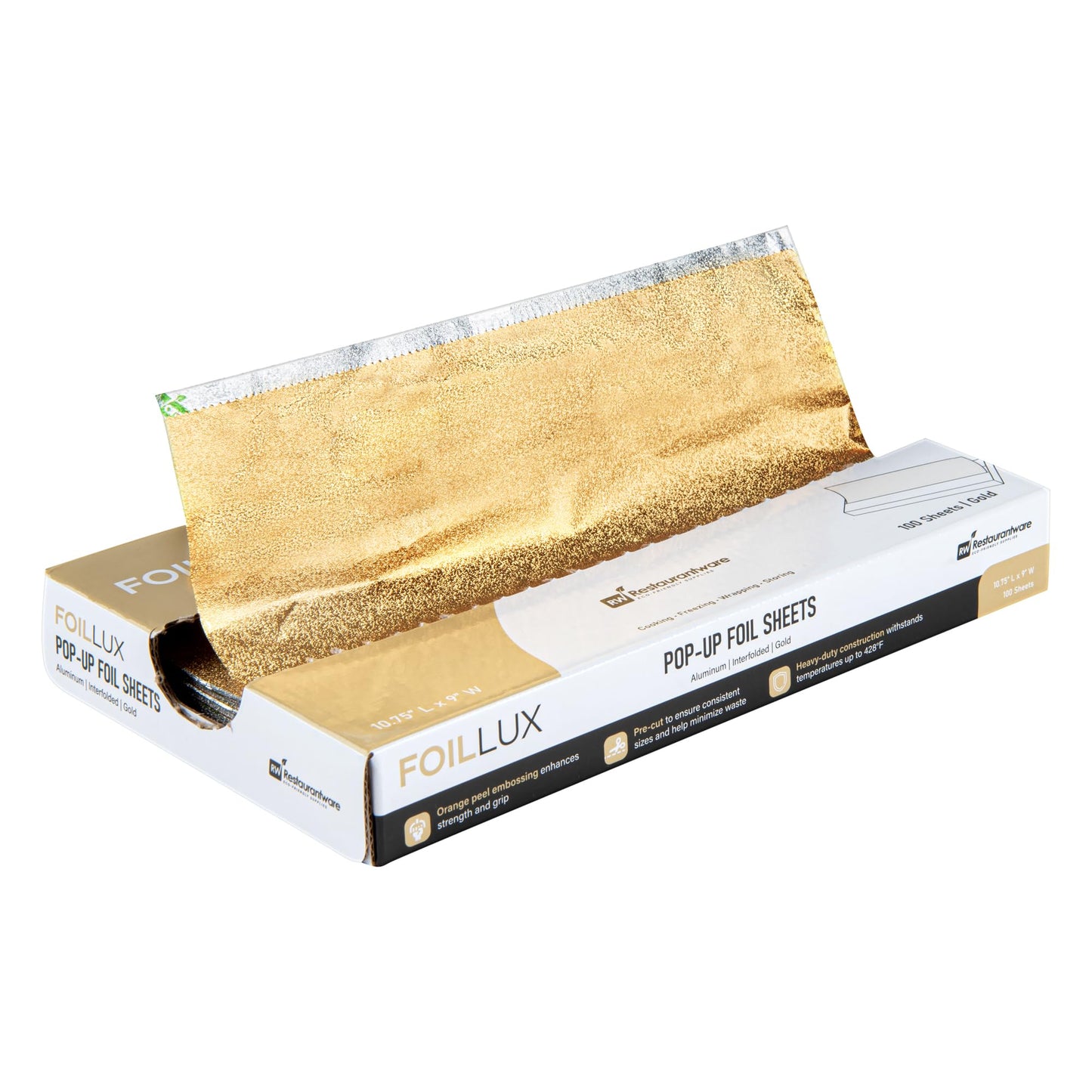 Restaurantware Lux Pop-Up Foil Sheets - 10.8 x 9 Inch, 100 Gold Embossed Aluminum Foil Papers, Greaseproof, Freezable & Oven Ready