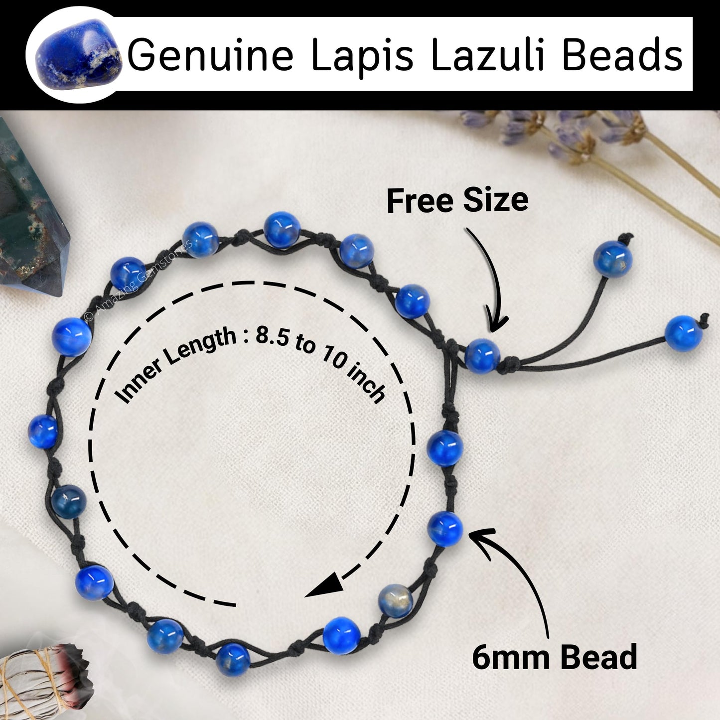 Amazing Gemstone Lapis Lazuli Anklet Ankle Bracelets for Women - Waterproof Beaded Healing Crystal Anklets, Plus Size Chakra Gemstone Bead Anklet (Stretchy Adjustable - Hand Knotted)