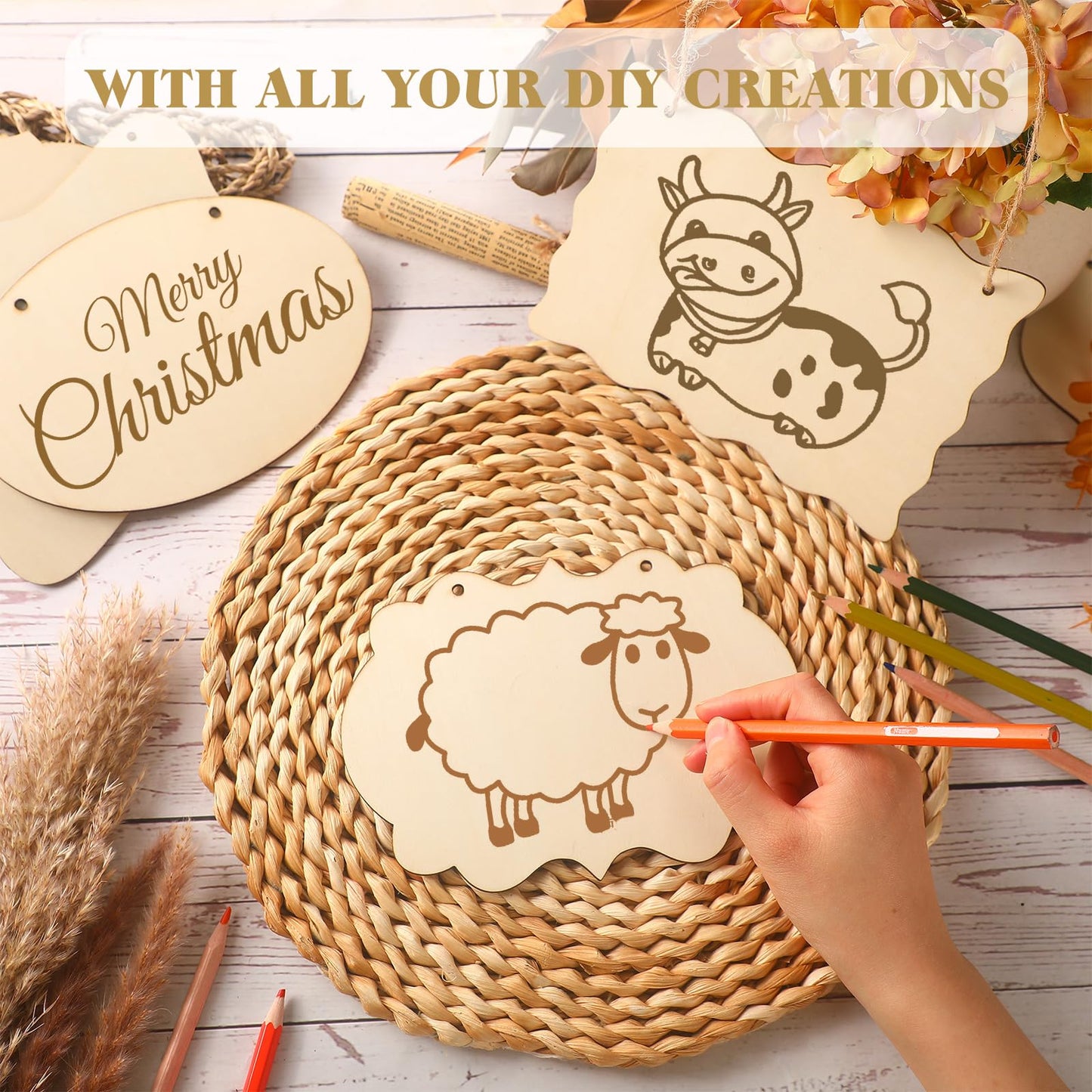 Jetec 24 Pcs Unfinished Hanging Wood Sign, Rectangular Wood Blank Plaque with Rope for Pyrography, Painting, Writing, Decoration, DIY Craft, 6 Designs