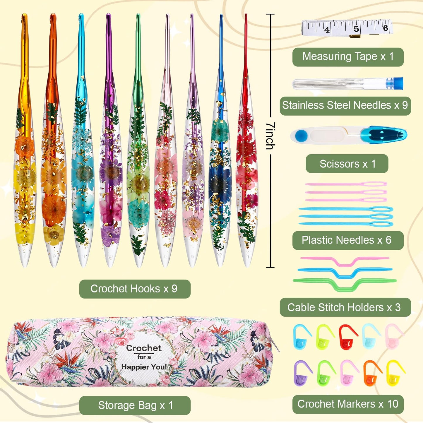 Riceshoot 9 Pcs Crochet Hook Set, 2.0mm-6.0mm Ergonomic Crochet Hooks with Long Floral Handle for Beginners Crocheting Lovers, Includes Storage Bag and Other Accessories