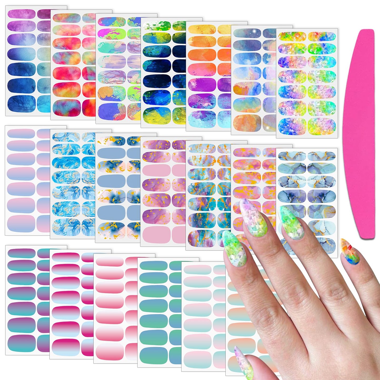 SILPECWEE Nail Polish Strips, 20 Sheets Rainbow Nail Polish Stickers Full Nail Wraps Self Adhesive Gel Nail Stickers Strips Fingernail Art Sticker Nails for Women with File
