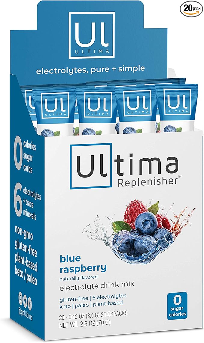 Ultima Replenisher Electrolyte Hydration Drink Mix, Blue Raspberry, 20 Serving Stickpack Box - Sugar Free, 0 Calories, 0 Carbs - Gluten-Free, Keto, Non-GMO, Vegan, with Magnesium, Potassium, Calcium