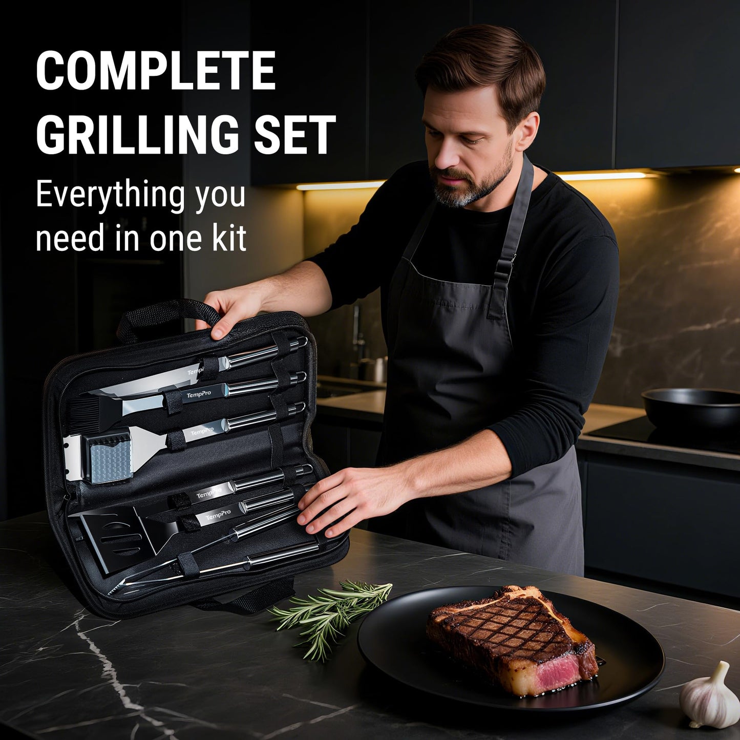 TempPro Grilling Accessories Grill Set with Spatula, Fork, Brush & Tongs, Heavy Duty Stainless Steel Grill Tools for Camping Burger, BBQ Accessories for Men Dad Him (Previously ThermoPro)