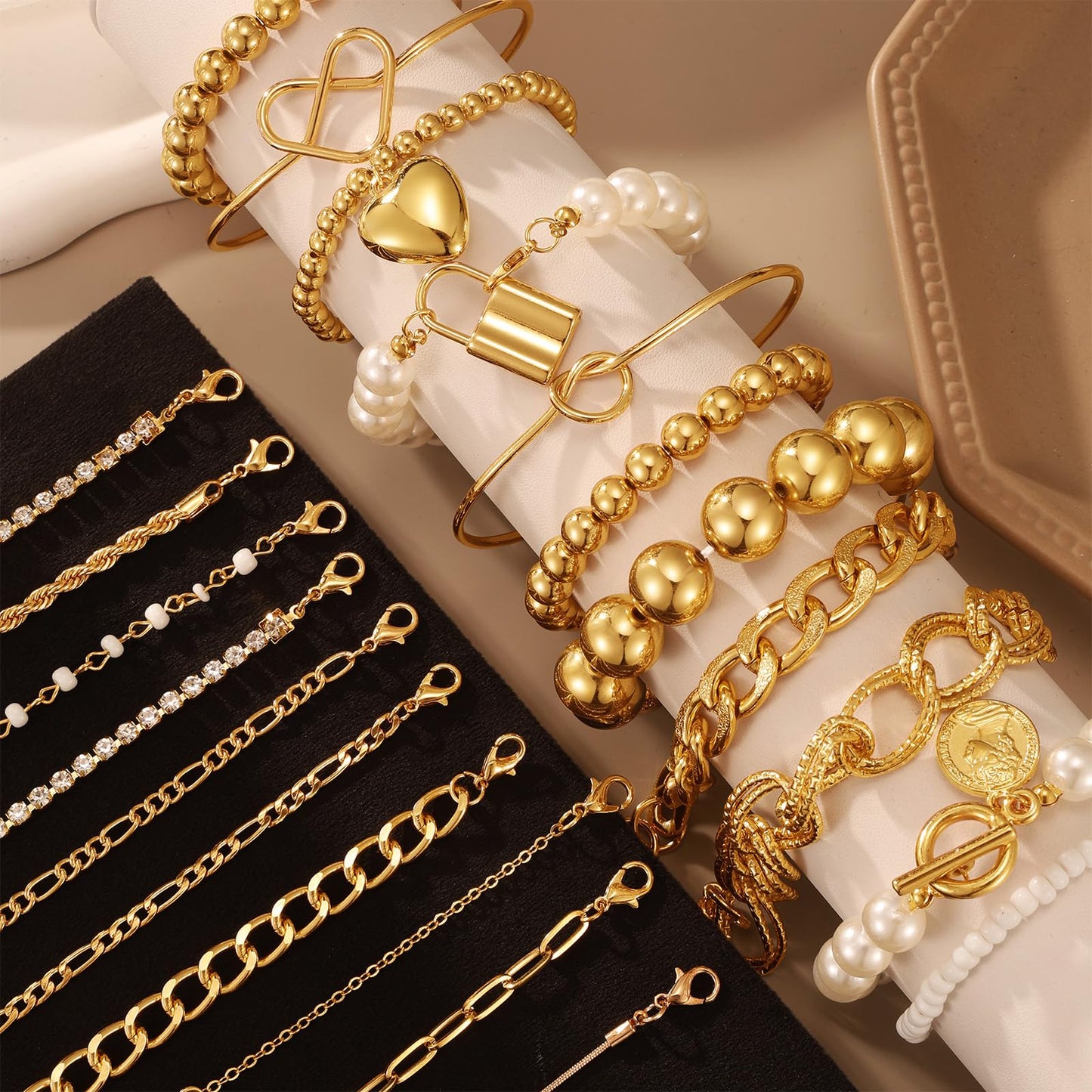 IFKM 6 PACK (28 PCS) Gold Chain Bracelets Set for Women, 14K Gold Plated Multiple Layered Stackable Open Cuff Bangle Bracelet Anklet Adjustable Link Tennis Beads Italian Cuban Jewelry for Women Gift