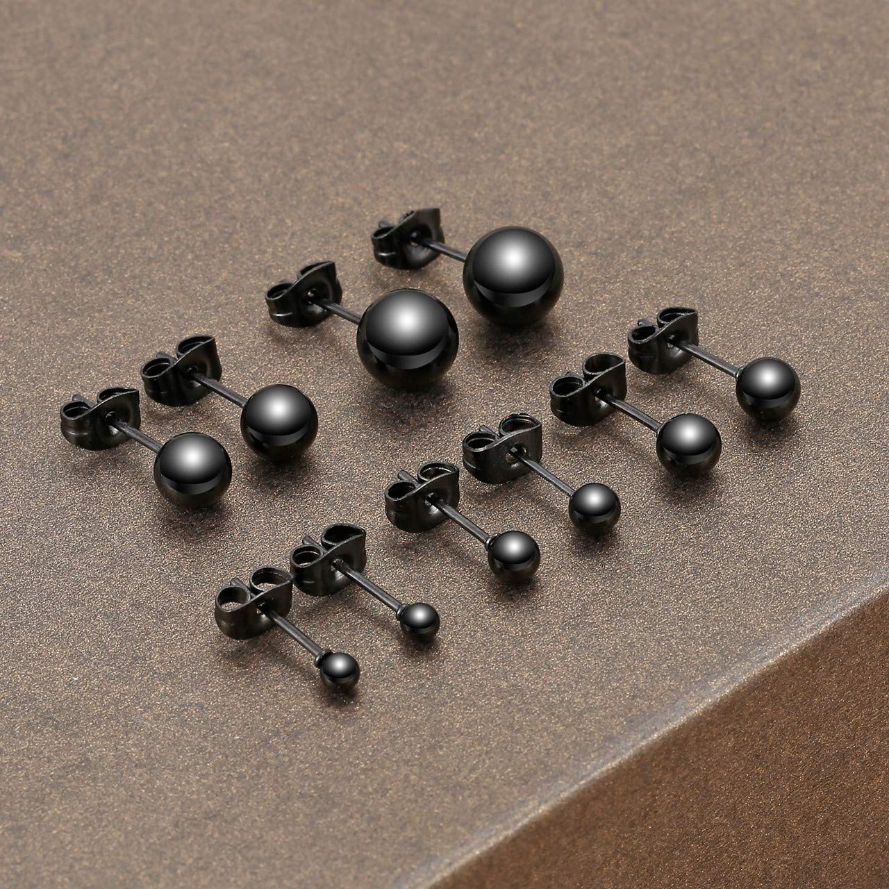 Top Plaza 10Pcs Hypoallergenic Stainless Steel Round Ball Black Earrings for Men Women Studs Earring Set 3mm-8mm(Black)