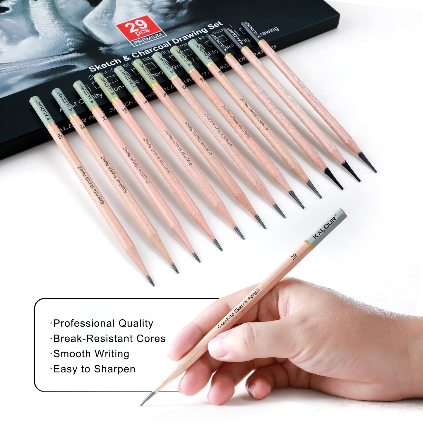 KALOUR 29 Pro Sketching Drawing Pencils Set with Roll-Up Nylon Case – 14 Graphite Pencils (14B–5H), Charcoal Pencils, Erasers, Sharpener & Stumps – Complete Art Kit for Artists & Beginner