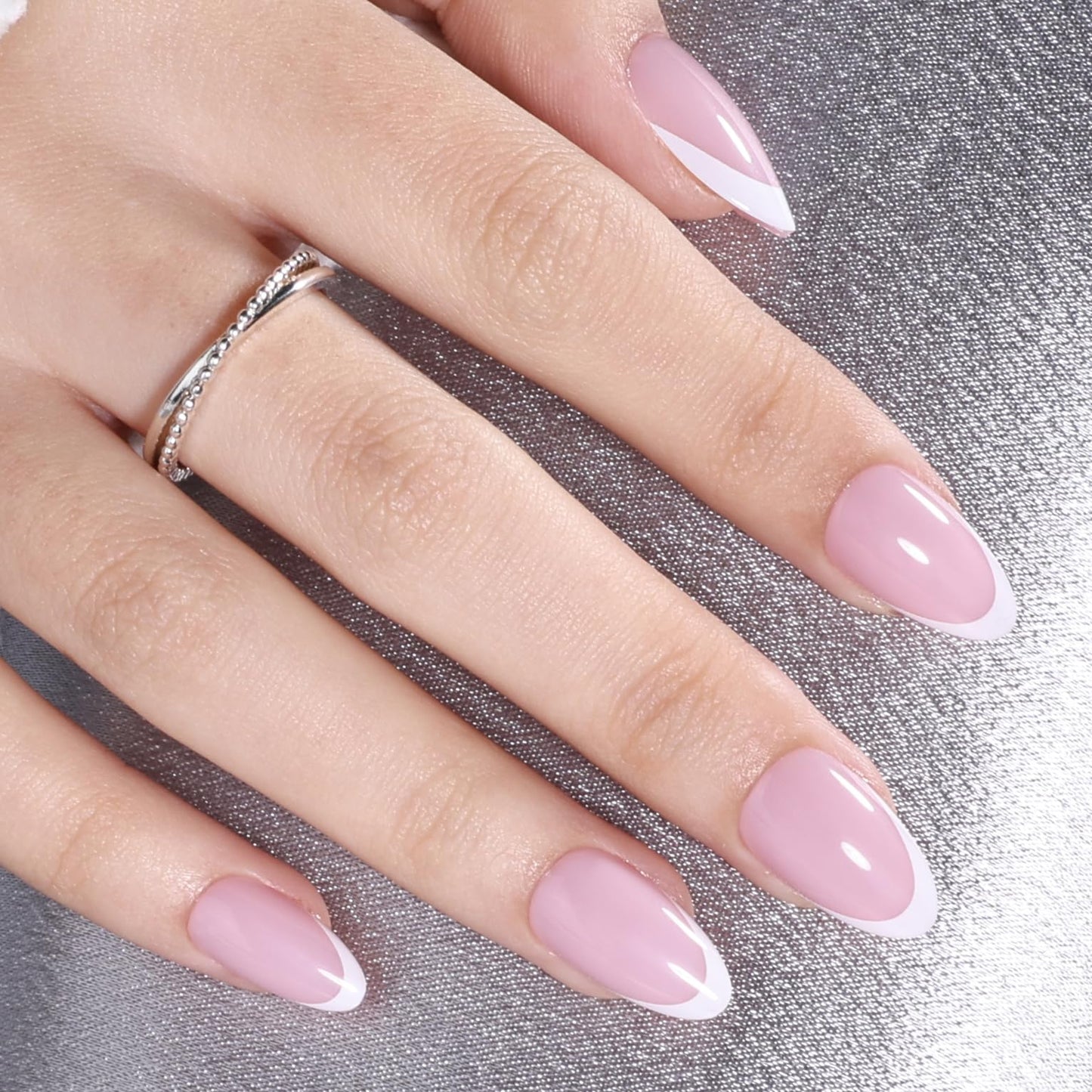 White French Tip Press On Nails - Pink Short Almond Fake Nails, White Press On Nails Reusable Stick On Nails in 16 Sizes, 32pcs False Nail Kit for Women & Girls