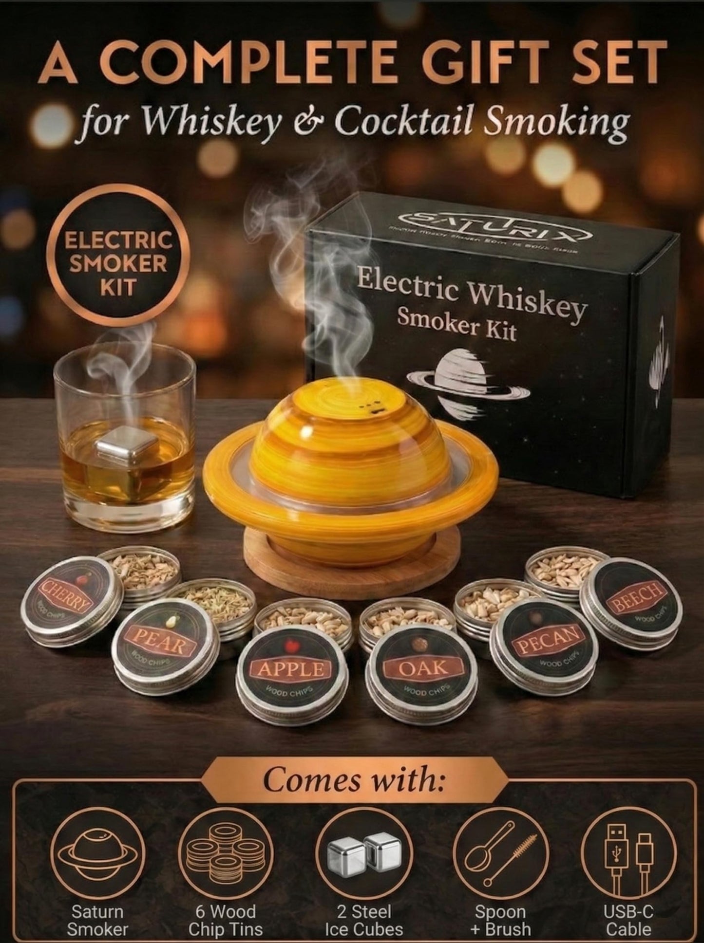 SATURIX Electric Cocktail Smoker Kit - Rechargeable Whiskey Smoker with 6 Wood Chip Flavors, Flame-Free, USB-C Charging, Old Fashioned & Bourbon Gift Set for Men, Husbands & Dads