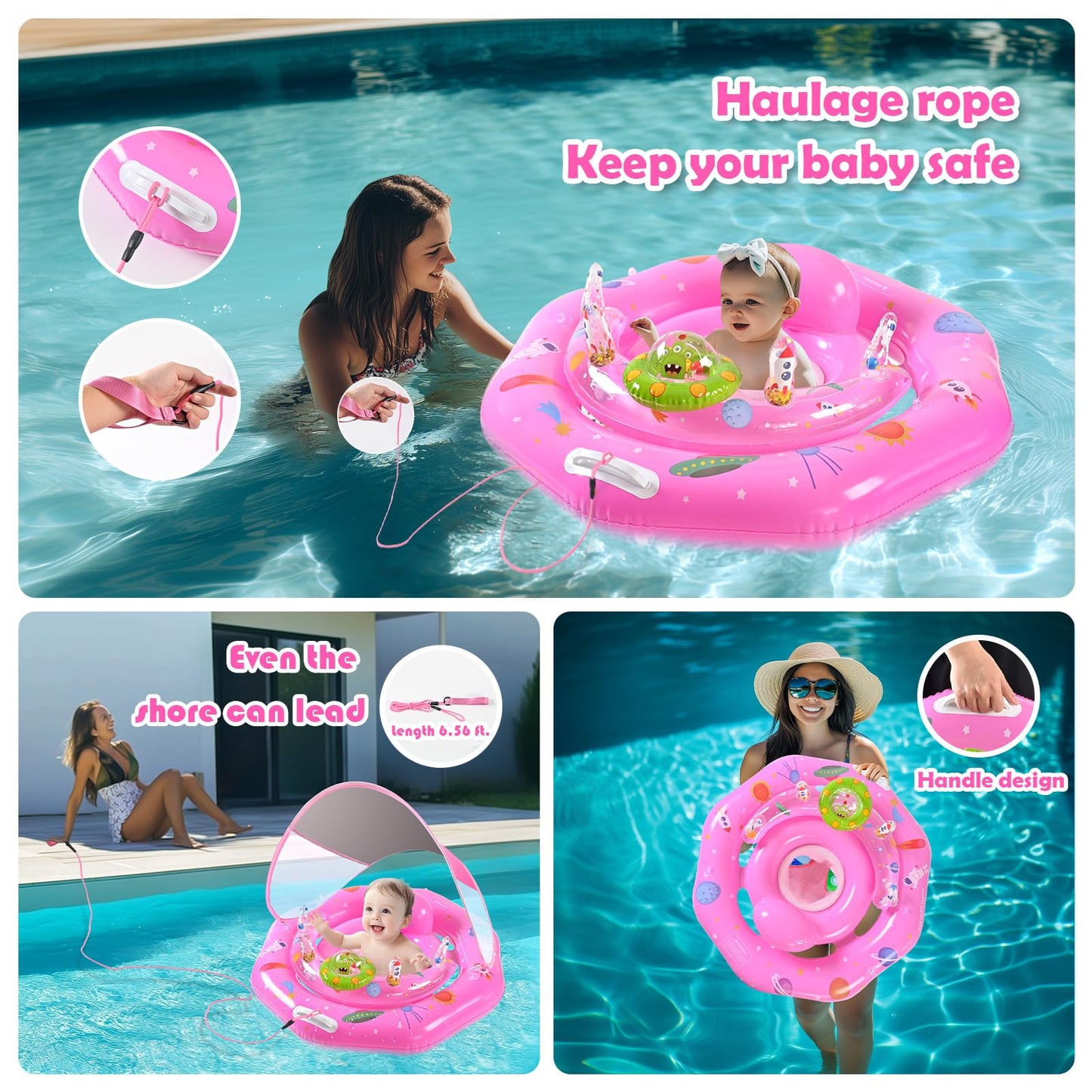 Baby Pool Float with Canopy UPF50+ Sun Protection, Inflatable Infant Pool Float with Adjustable Safety Seat & Toy Play Console，Baby Floatie for 6-36 Months Boys & Girls，Safety Handles & Leashes（Pink）