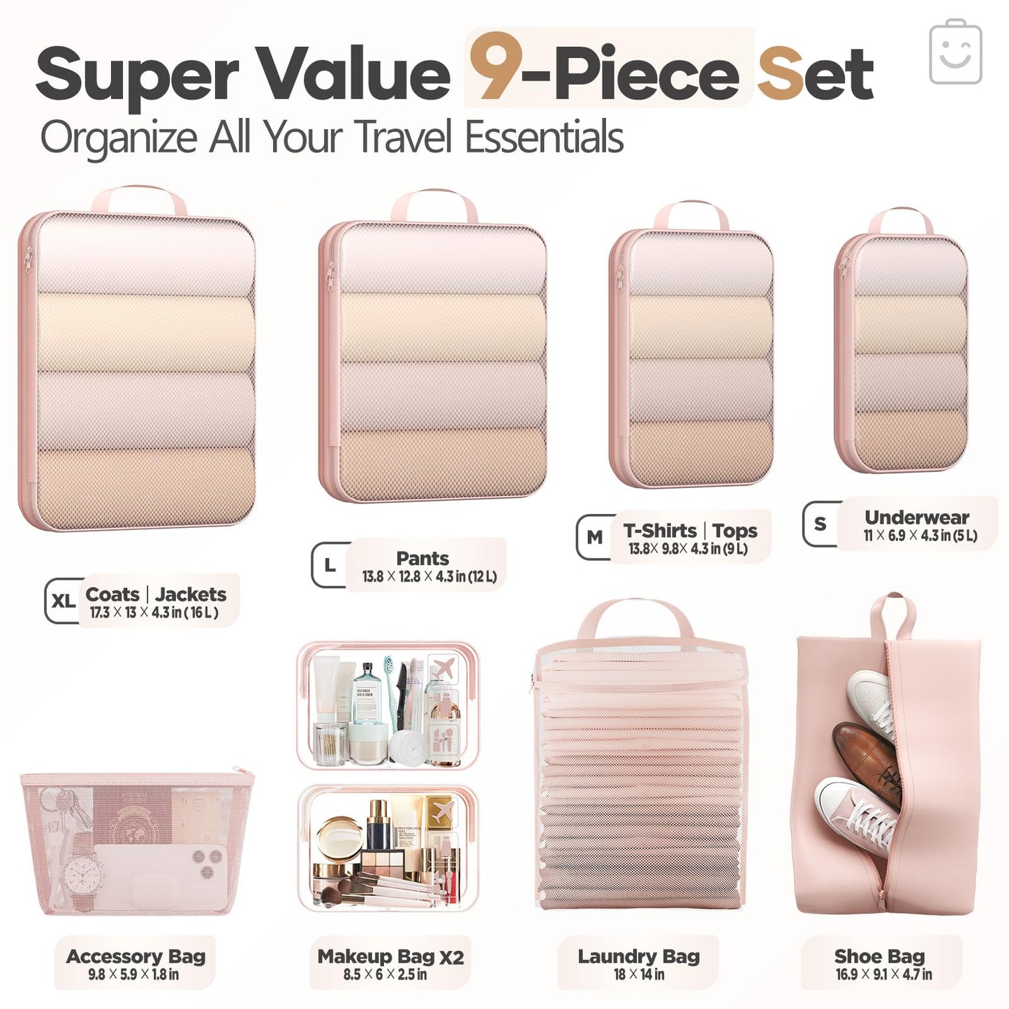 Veken 9/11 Set Compression Packing Cubes for Travel Essentials,Compressible Expandable Large Luggage Suitcase Organizer Bags for Clothing,Durable Space Saver Storage Bags with Toiletry Bags(Beige)