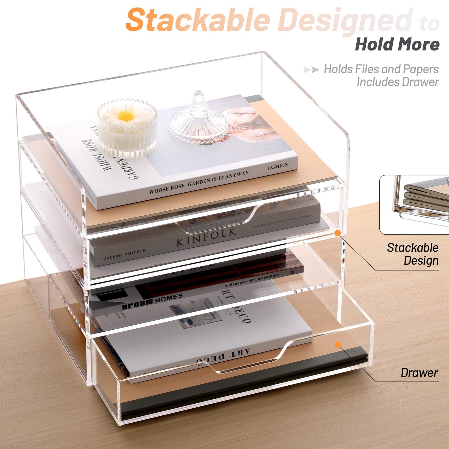 SANRUI 2-Tier Paper Letter Tray Organizer with Sliding Drawer,Stackable Desk Organizer,Acrylic Paper Tray for Office,Home or School,Clear
