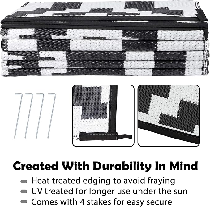 SAND MINE Waterproof Outdoor Rug 9x12 ft, Plastic Reversible Rug, Modern Area Rug, Large Floor Mat for Outdoors, RV, Patio, Backyard, Deck, Picnic, Beach, Camping (9' x 12', Black & White Lattice)