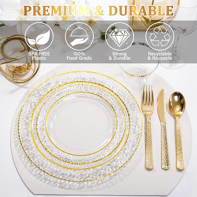 Nervure 102PCS Gold Plastic Plates - Disposable Clear Gold Party Plates Include 51PCS 10.25inch Dinner Plate & 51PCS 7.5inch Dessert Plate Perfect for Wedding & Party & Christmas (Pack of 2)