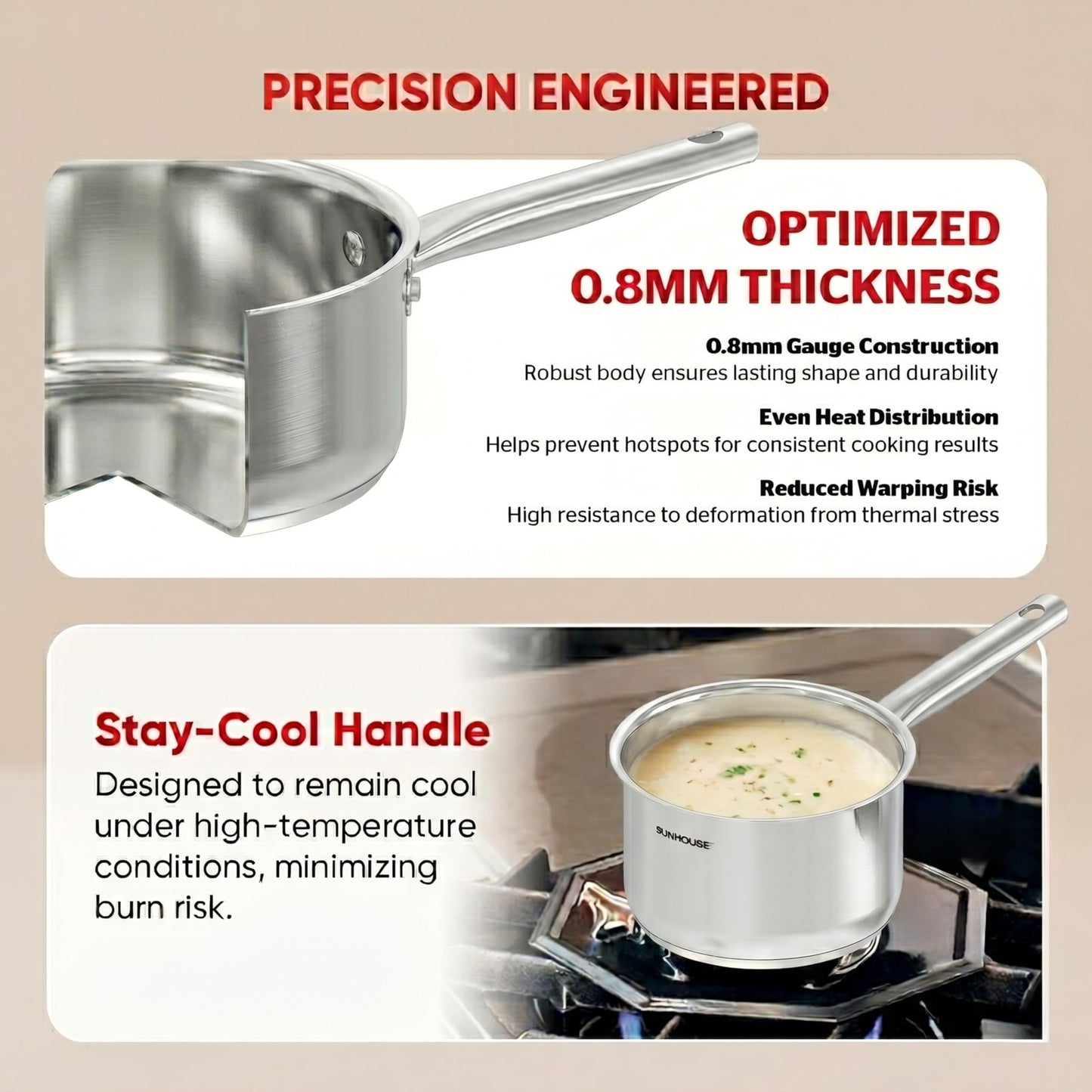 SUNHOUSE – 1.5 Quart Stainless Steel Sauce Pan with Lid - PFOA-FREE, Stainless Steel Sauce Pan, Induction base, Stay-Cool Handle, Compatible with All Cooktops Gas, Geramic, Electric etc.