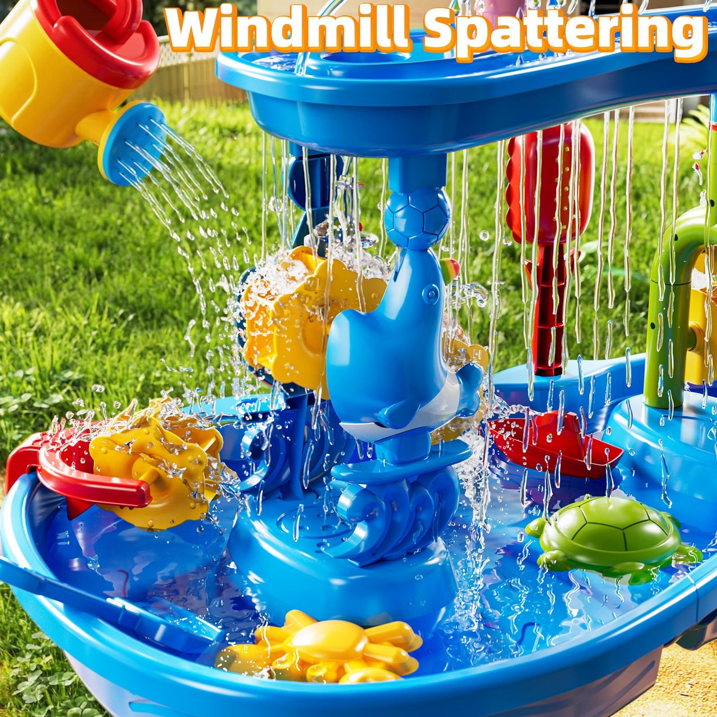 DULONIME 3-Tier Sand and Water Activity Table for Kids 3-8, Sensory Play Table with Waterfall Design & Beach Toy Set, Outdoor Backyard Playset for Toddlers 2-6, Great Birthday Present