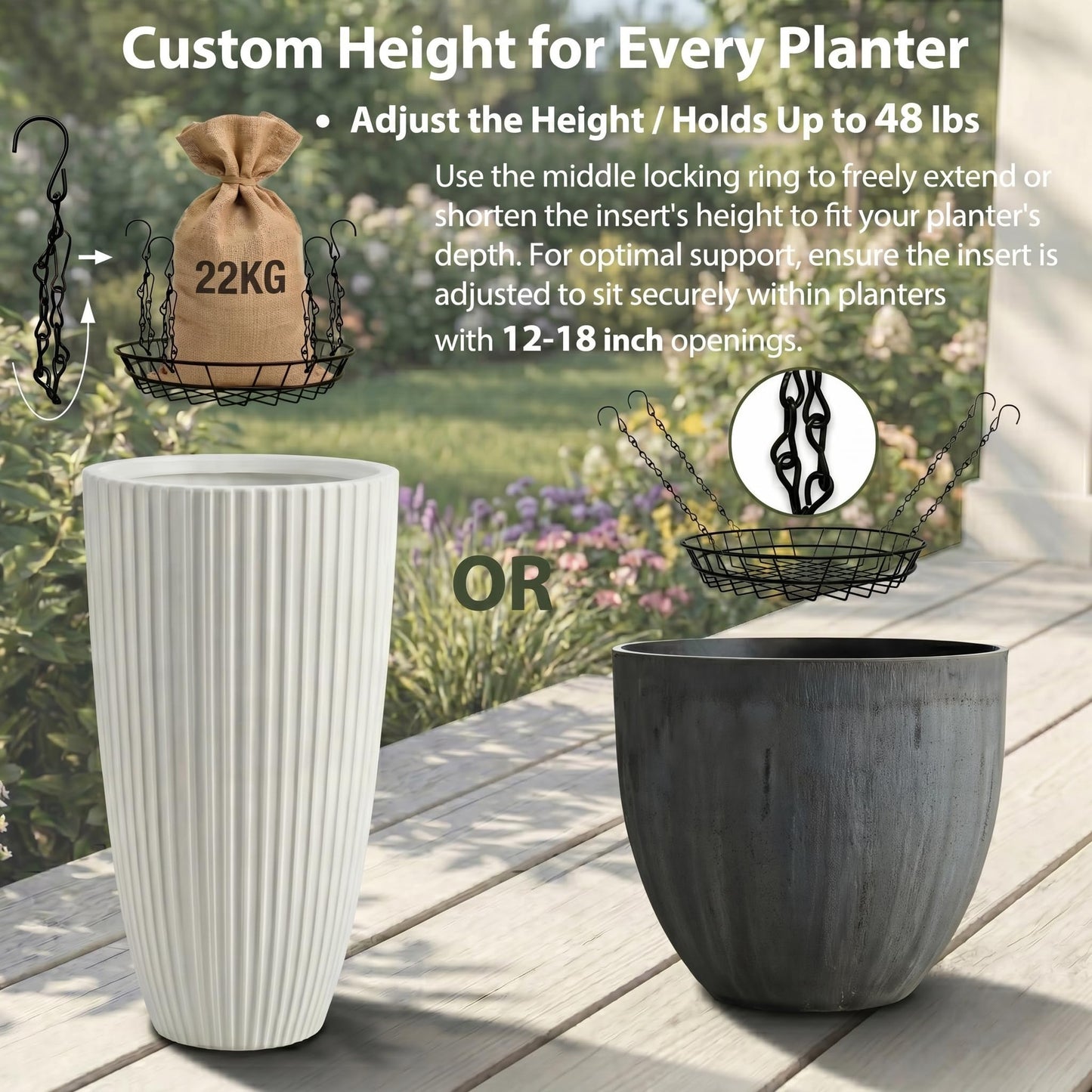 SUBENJI 2 Pack Adjustable Plant Risers for Large Tall Pots, 12-18" Planter Insert, False Bottom Pot Filler with 4 Hooks & Chains, Holds 48 lbs Rustproof Soil Saver for Indoor Outdoor Planters (Black)