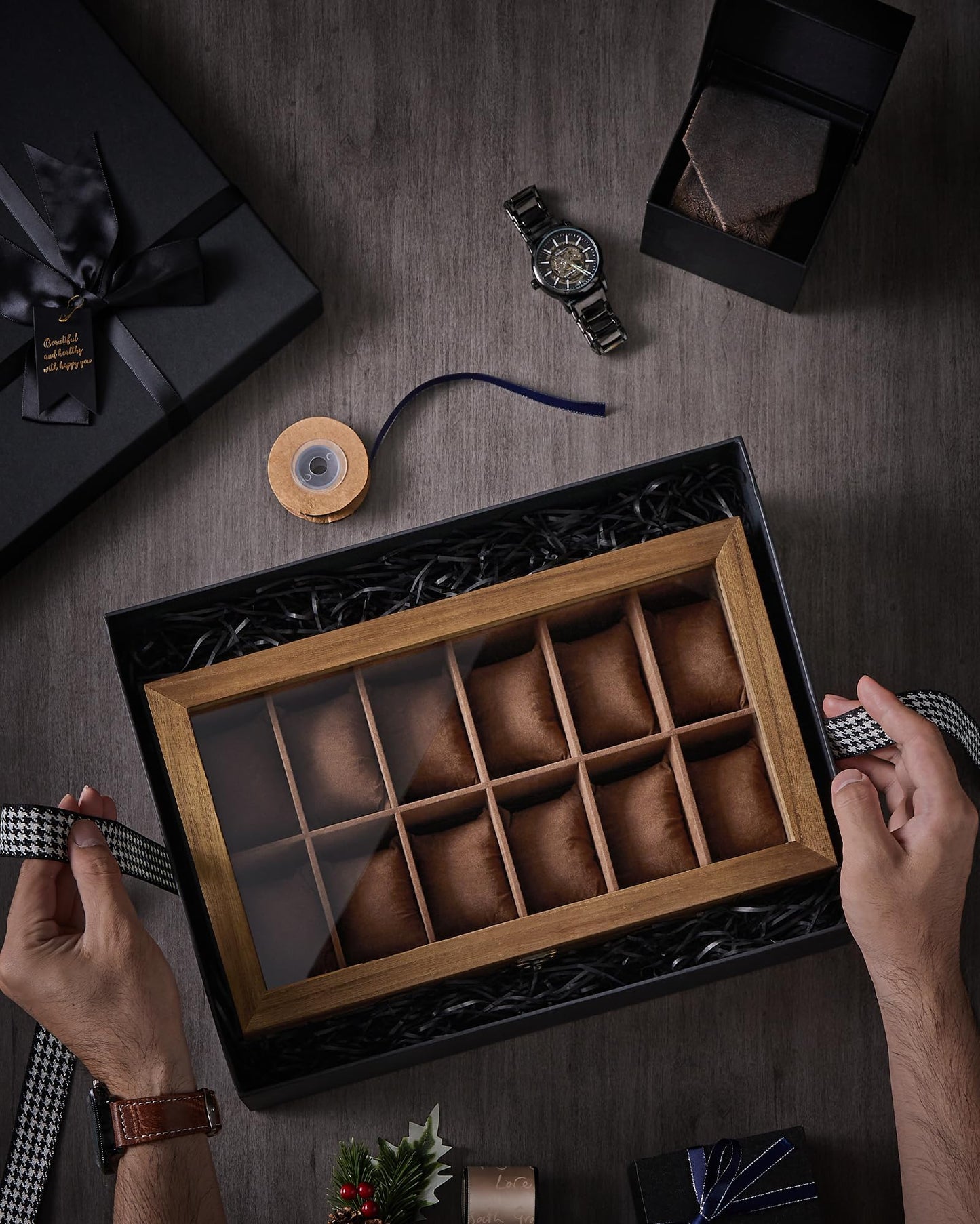 SONGMICS 12-Slot Watch Box, Watch Display Case with Large Glass Lid, Removable Watch Pillows, Velvet Lining, Gift Idea, Rustic Walnut UJOW120K01