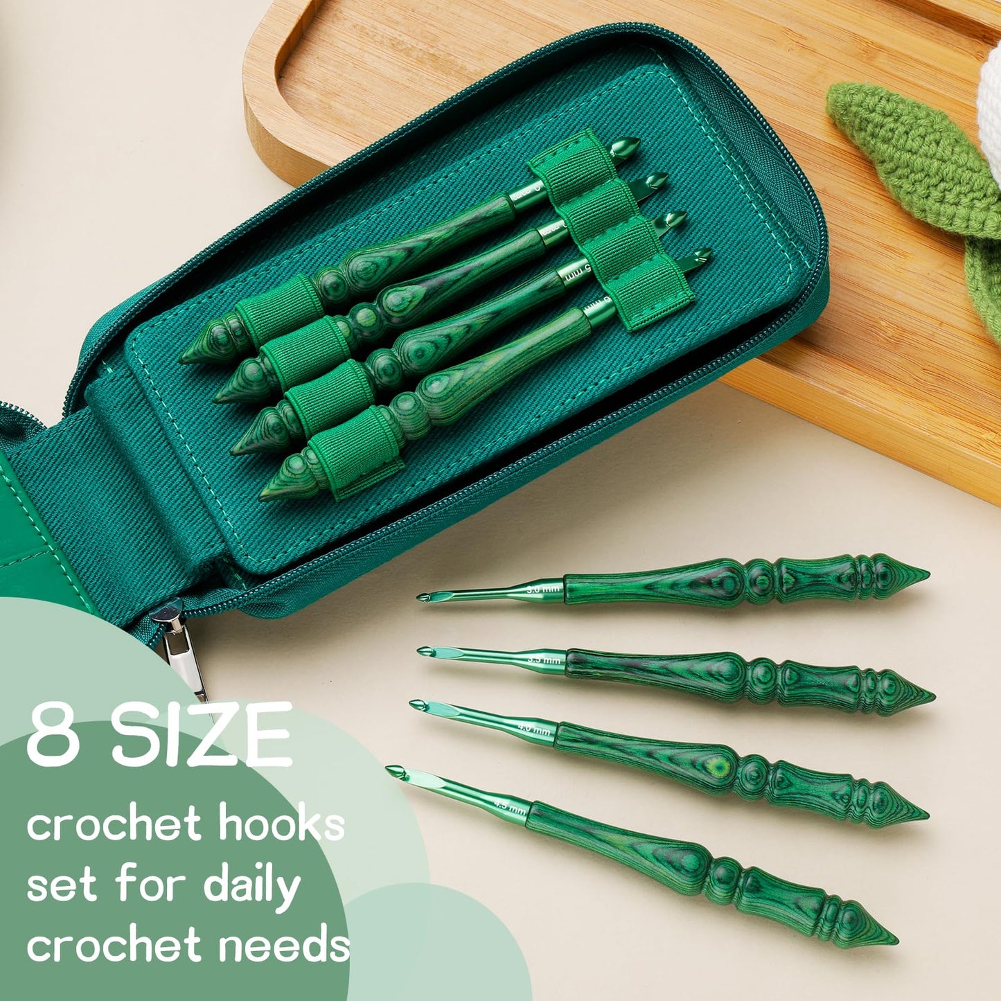 BALDCC Wooden Crochet Hooks 8 Sizes, Ergonomic Crochet Hooks Set for Arthritic Hands 3mm-7mm, Aluminum Crochet Hook Hand Polished Handle with Storage Bag for Crocheting and Knitting (Green Bag)