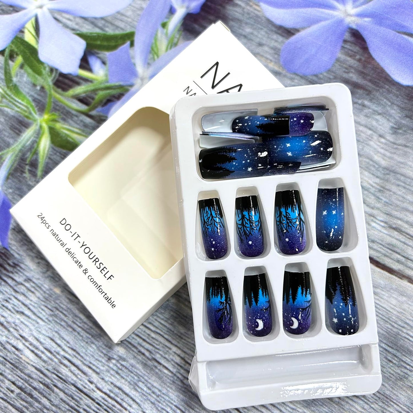 Press on Nails Medium Square Aurora Blue Night Black Forest Design False Nails Artificial Nails Full Cover Nails Acrylic Coffin Nails Reusable Glue on Nails DIY Stick on Nails for Women 24Pcs