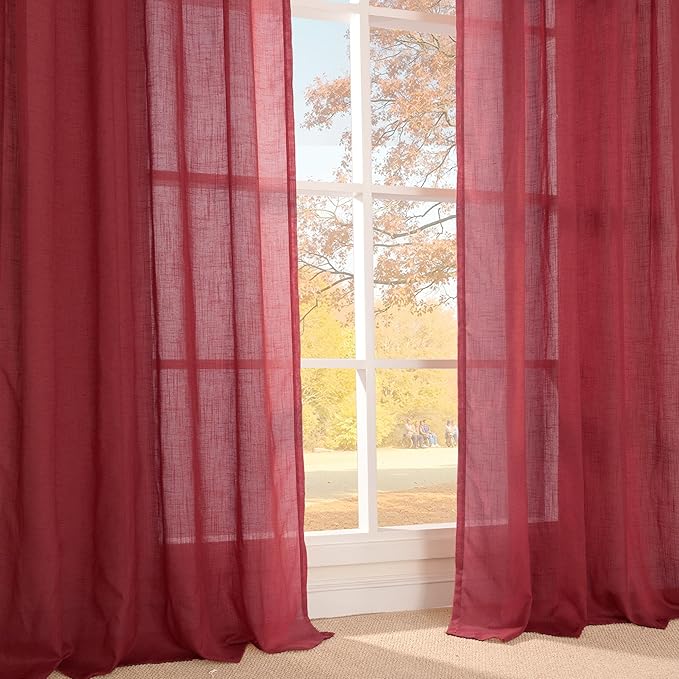 BGment Burgundy Linen Curtains 90 Inch Length for Living Room, Long Semi Sheer Window Drapes Textured for Farmhouse Bedroom Dining Rod Pocket Lightweight, 2 Panels, Each 52 Inch Wide