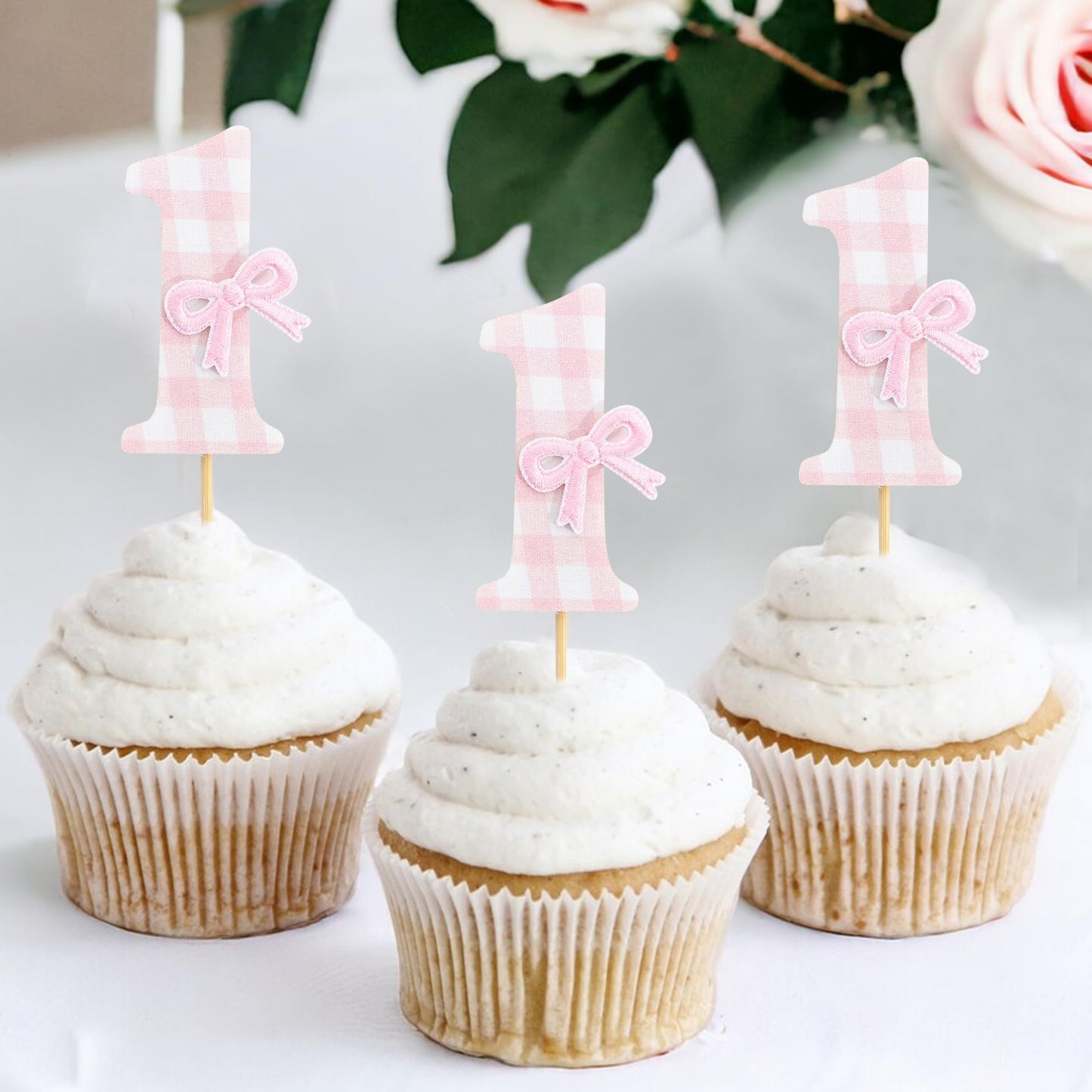 12Pcs Bow 1st Birthday Cupcake Toppers - Sweet One Birthday Decorations,First Wedding Anniversary Bowknot Cupcake Toppers,Pink Bow Cake Smash Photo Props,Coquette Party Table Centerpieces