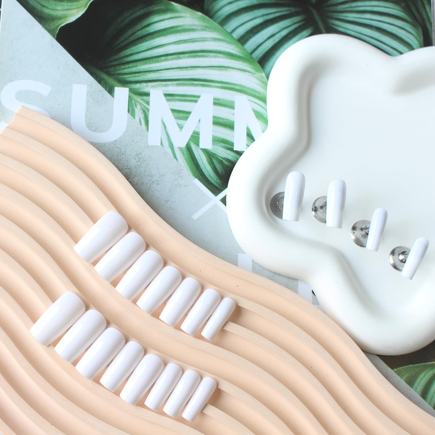 White Press On Nails Medium Long Square, Xcreando Medium Coffin Nails Acrylic Nails Press ons Glue on Nails Medium Length, Solid Color Fake Nails for Women, Natural Thick Artificial Nails Stick on