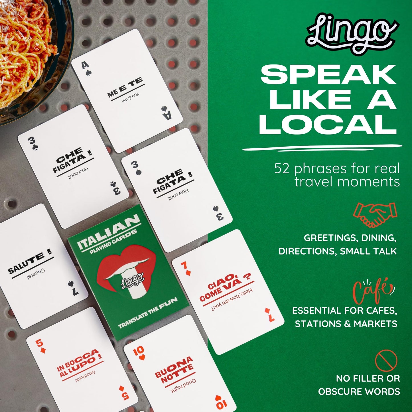 Italian Lingo Playing Cards in Wayfarer Tin Box | Travel Flashcards | Learn Italian Vocabulary in A Fun & Easy Way | 52 Essential Translations