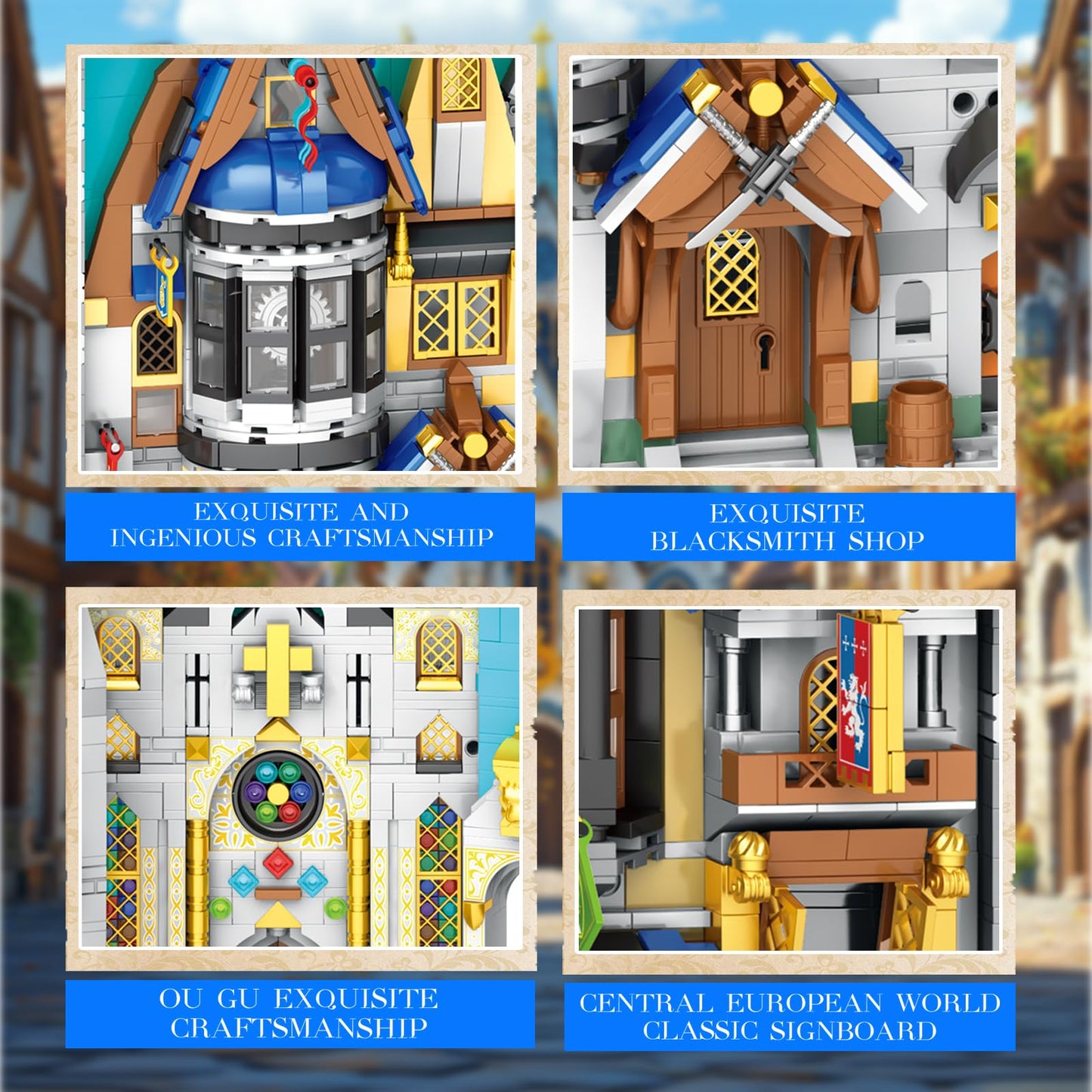 Reobrix Medieval Architecture Book Nook Building Set with Lights, European Century Street View Bookshelf Insert Decor, Bookshelf Diorama Building Blocks Kit, DIY Miniature House Model Kit