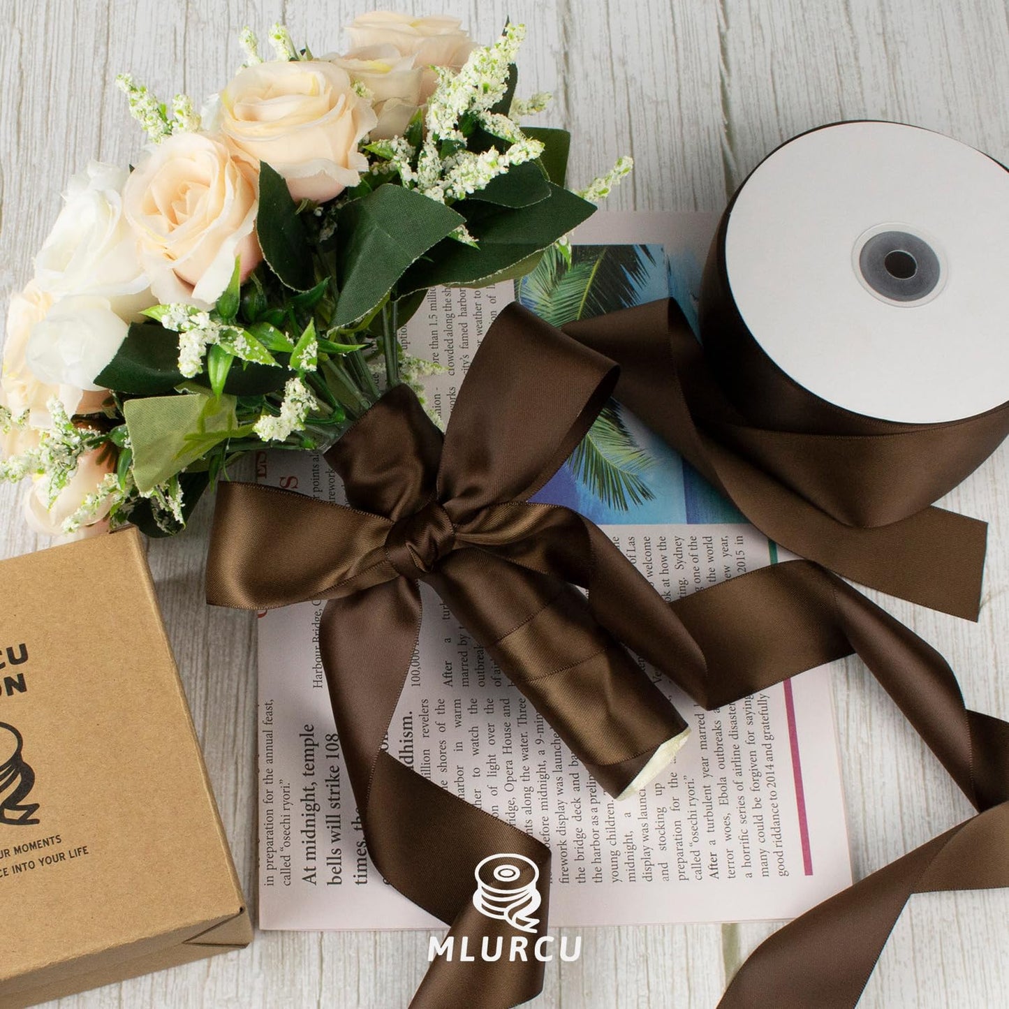 Mlurcu Brown Satin Ribbon - 1.5 Inch, 50 Yards, Double Faced, Thick, Perfect for Gift Wrapping, Flower Bouquets, Wedding Invitations, Hair Bows & Crafts